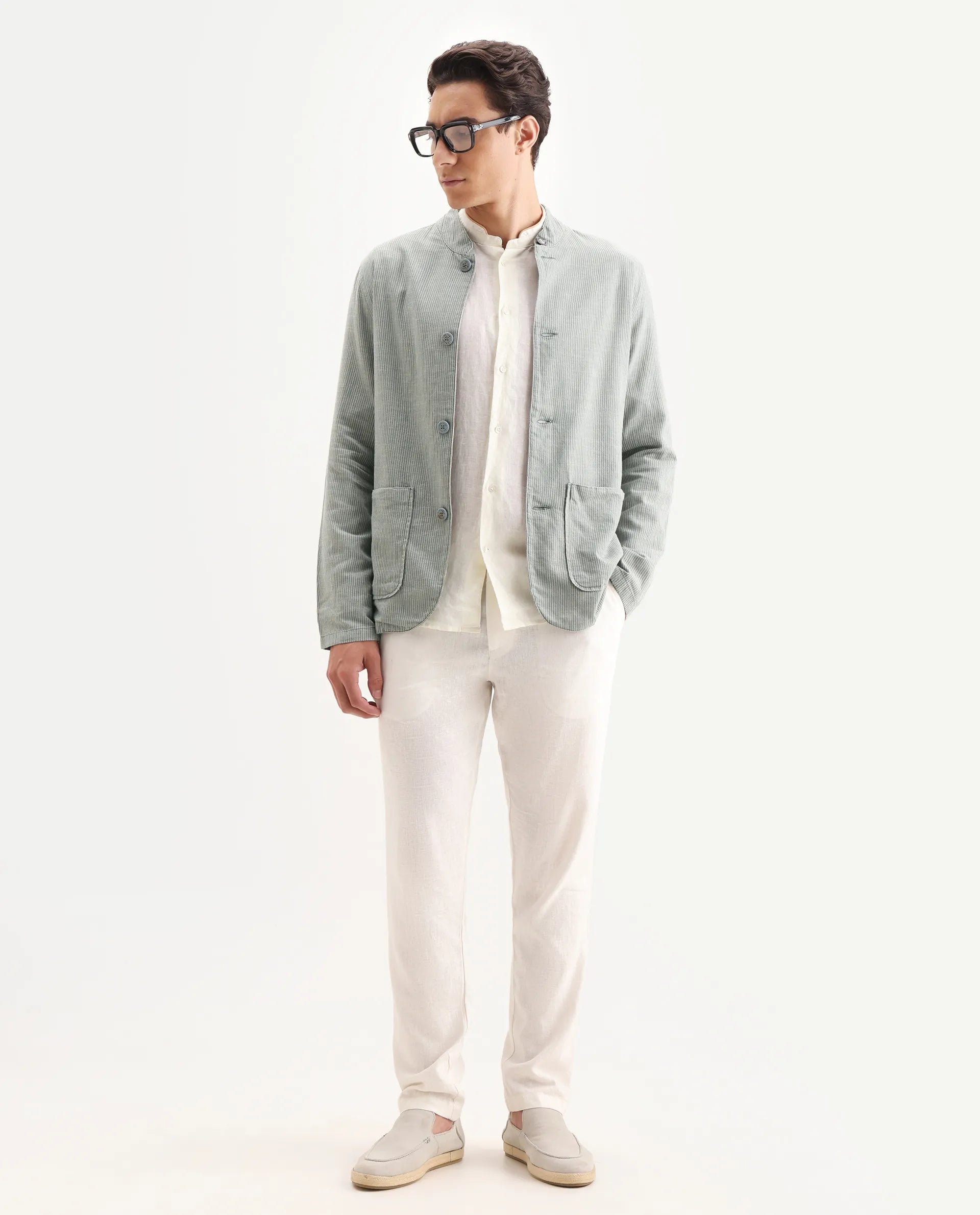 Rare Rabbit Men's Trex Green Linen Blend Striped Print Regular Fit Full Sleeve Mandarin Collar Jacket