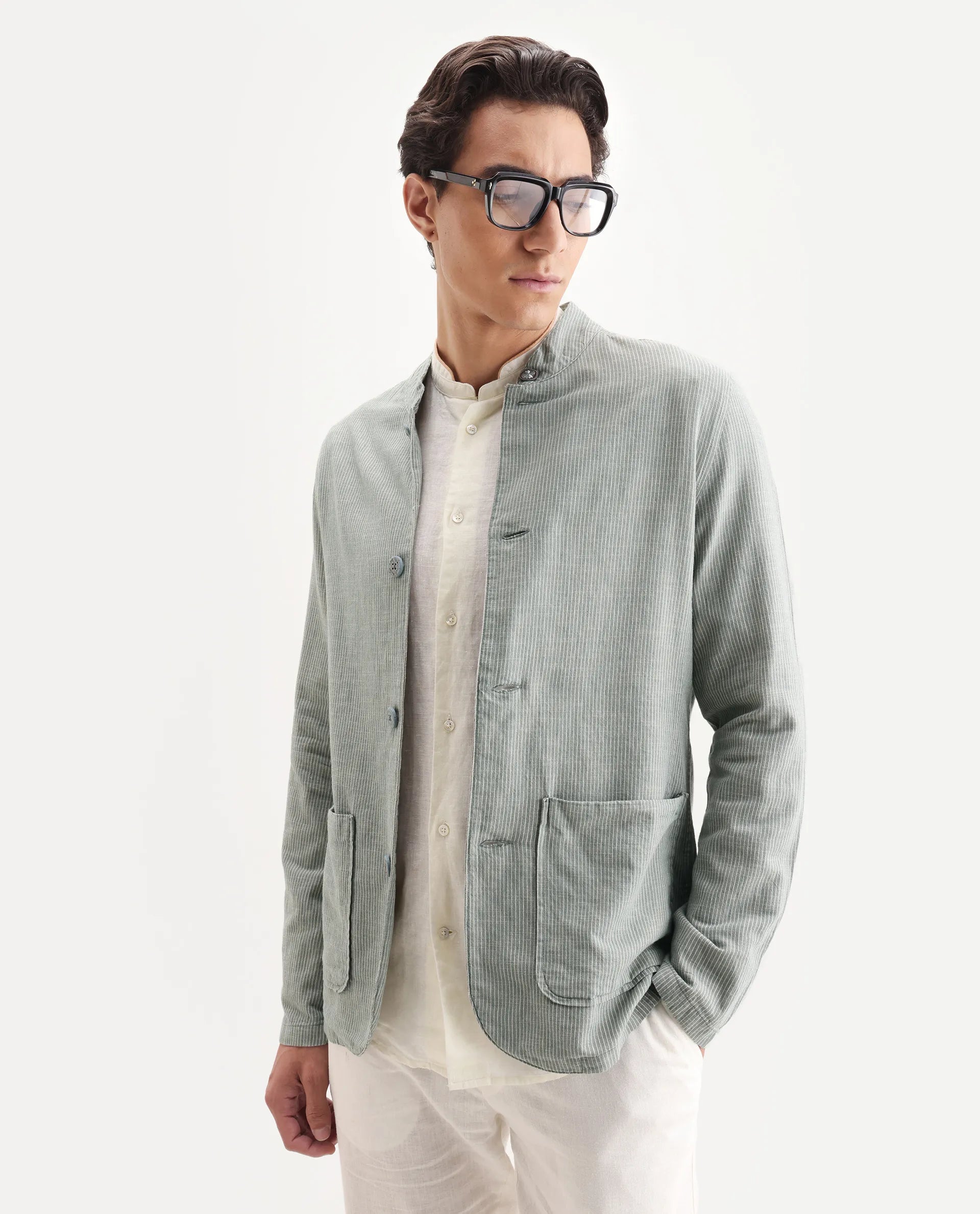 Rare Rabbit Men's Trex Green Linen Blend Striped Print Regular Fit Full Sleeve Mandarin Collar Jacket