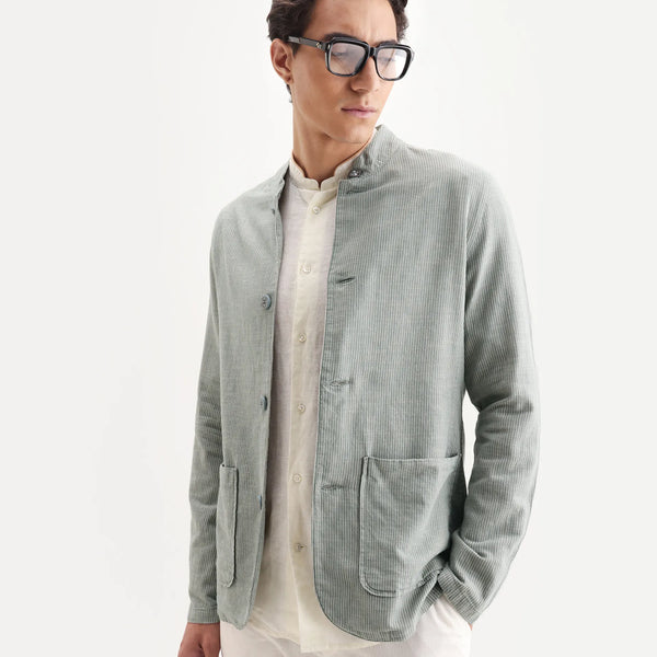 Rare Rabbit Men's Trex Green Linen Blend Striped Print Regular Fit Ful