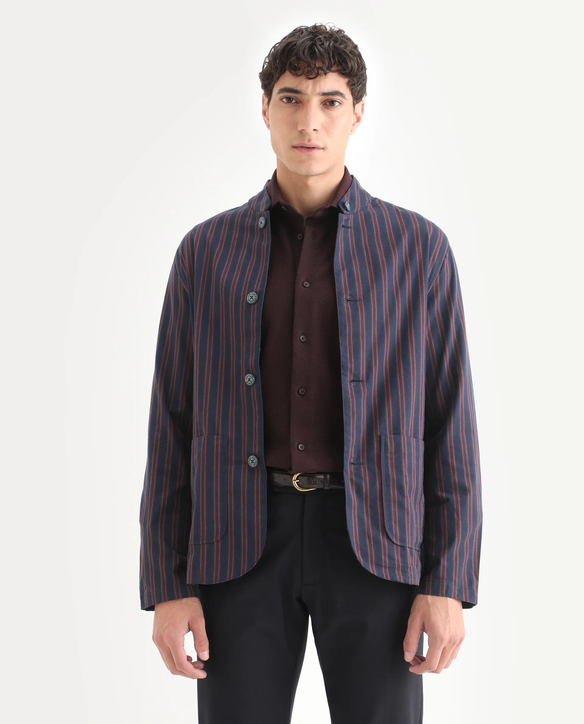 Rare Rabbit Men's Banner Navy Cotton Striped Print Regular Fit Full Sleeve Mandarin Collar Jacket