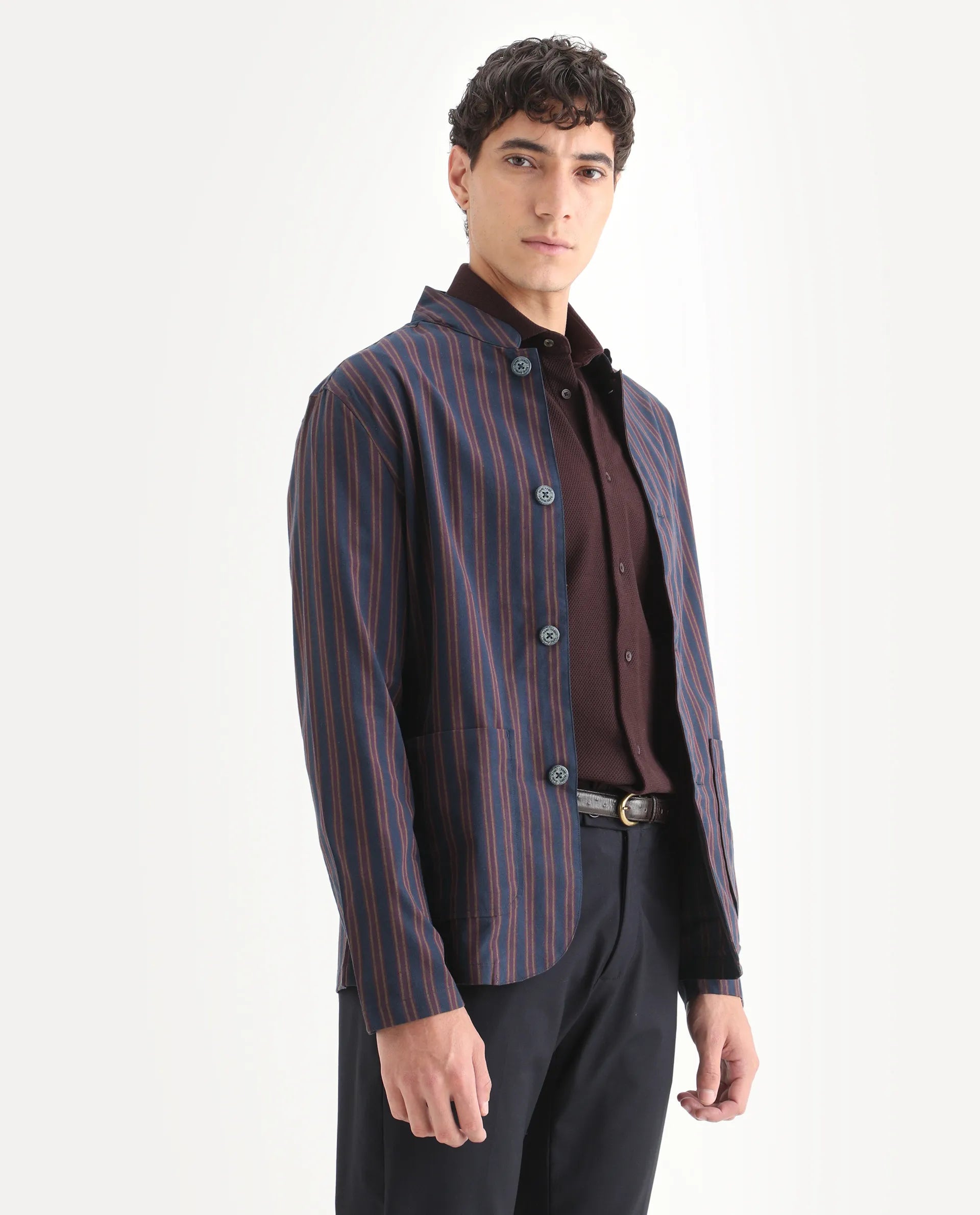Rare Rabbit Men's Banner Navy Cotton Striped Print Regular Fit Full Sleeve Mandarin Collar Jacket