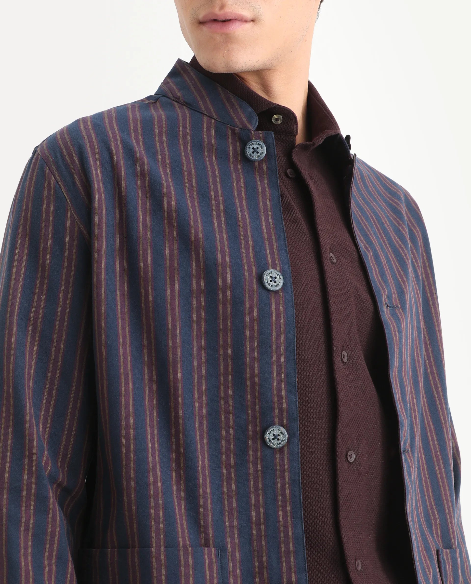 Rare Rabbit Men's Banner Navy Cotton Striped Print Regular Fit Full Sleeve Mandarin Collar Jacket