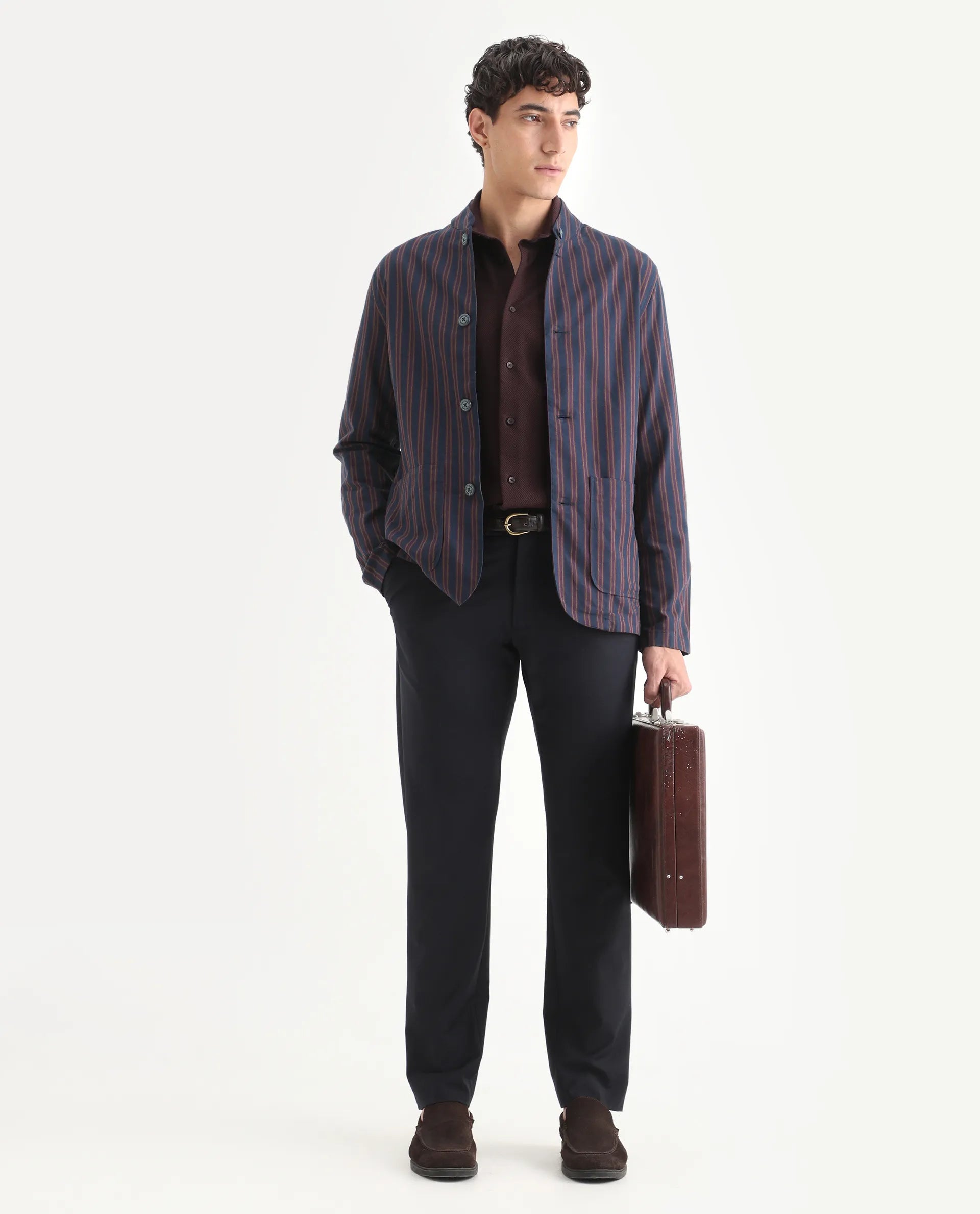 Rare Rabbit Men's Banner Navy Cotton Striped Print Regular Fit Full Sleeve Mandarin Collar Jacket