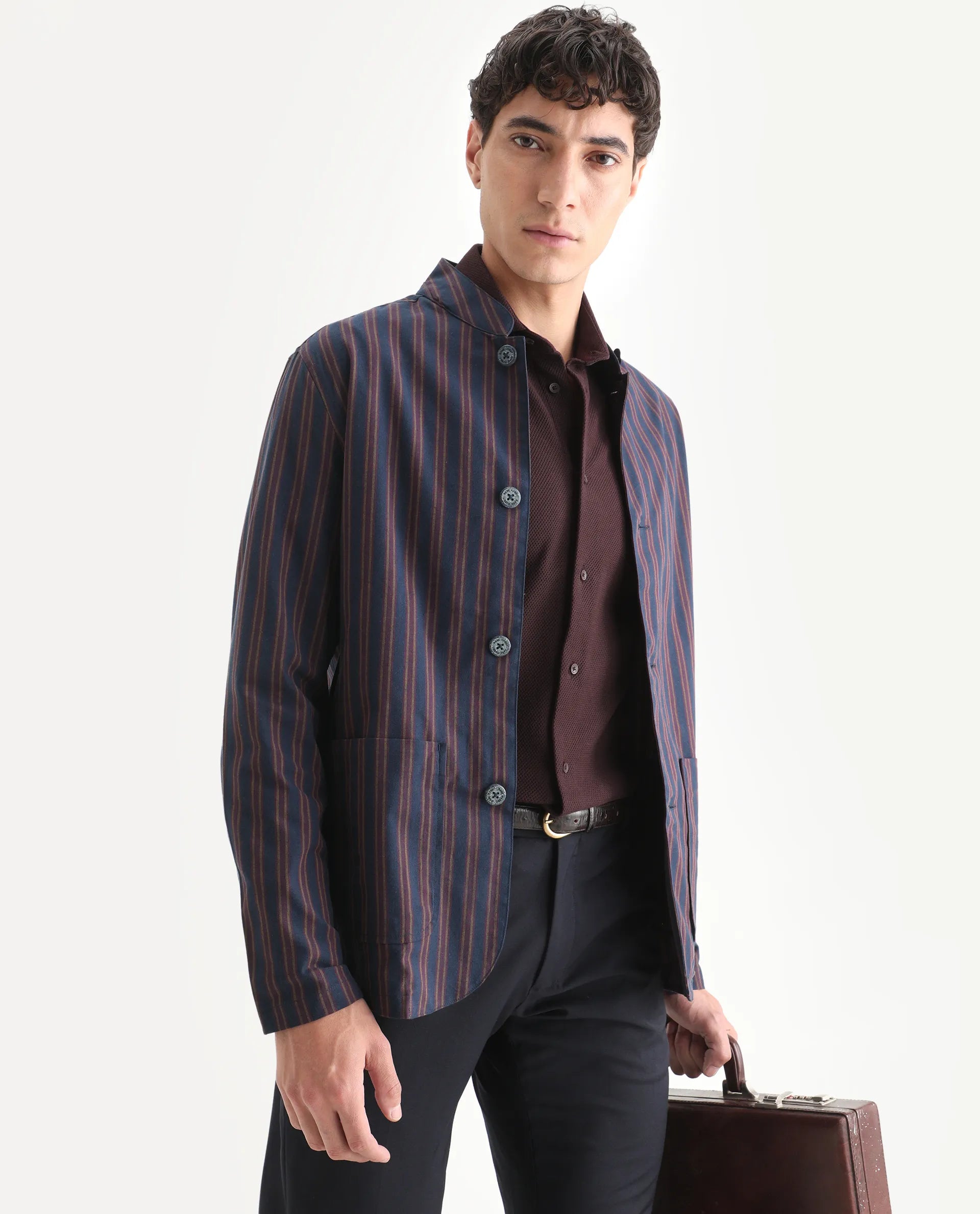 Rare Rabbit Men's Banner Navy Cotton Striped Print Regular Fit Full Sleeve Mandarin Collar Jacket