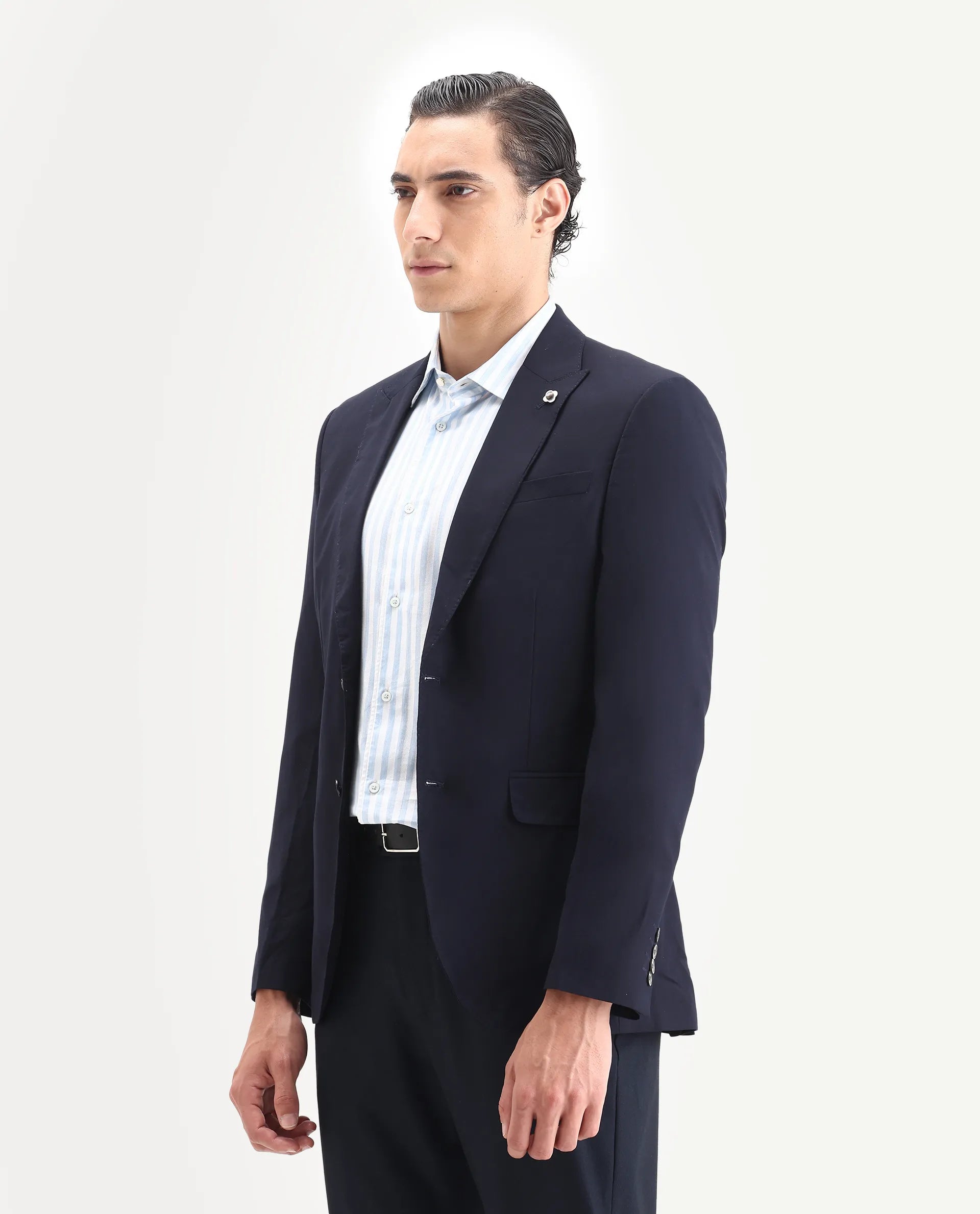 Rare Rabbit Men's Vitara Navy Cotton Plain Tailored Fit Full Sleeve Lapel Neck Blazer
