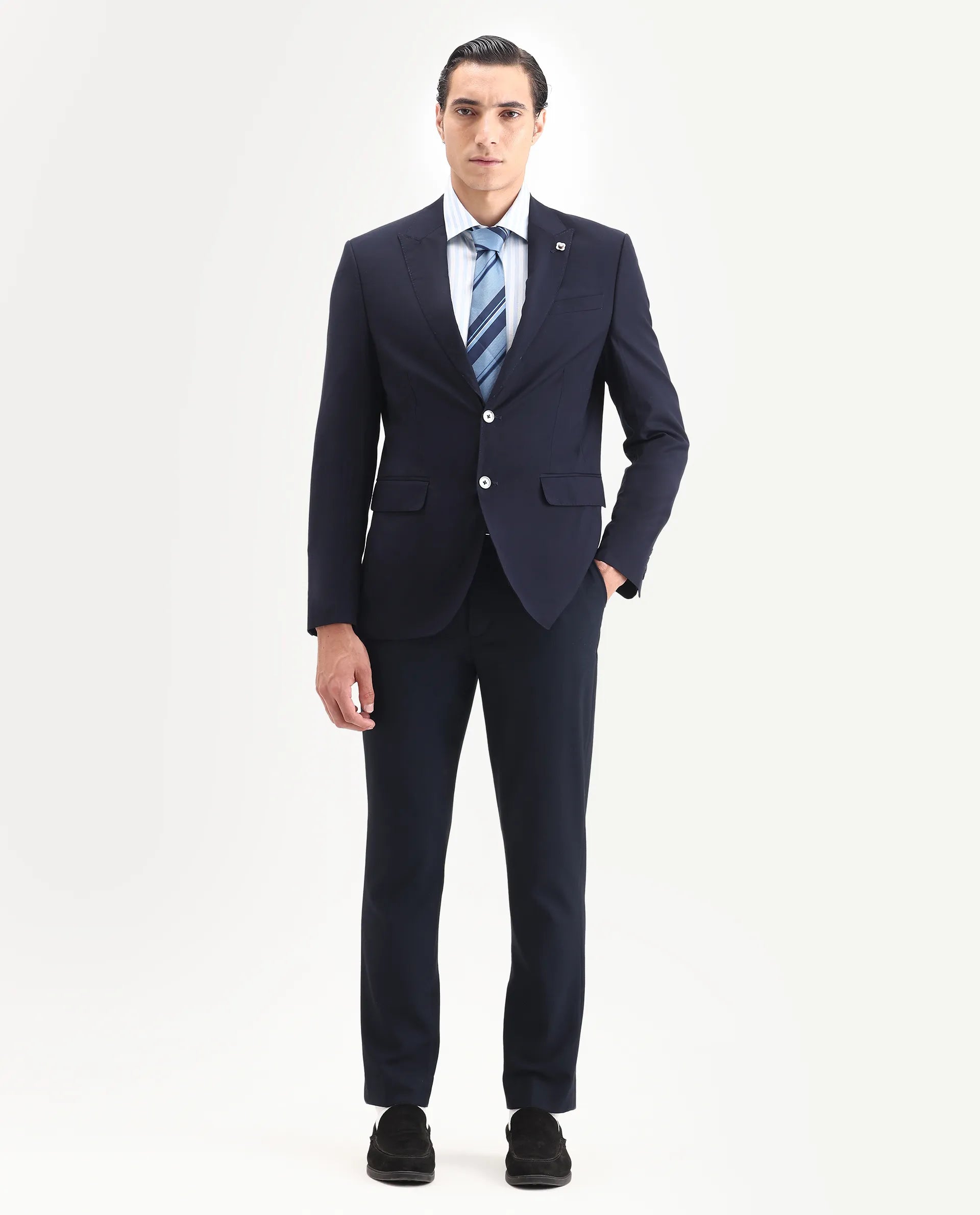 Rare Rabbit Men's Vitara Navy Cotton Plain Tailored Fit Full Sleeve Lapel Neck Blazer