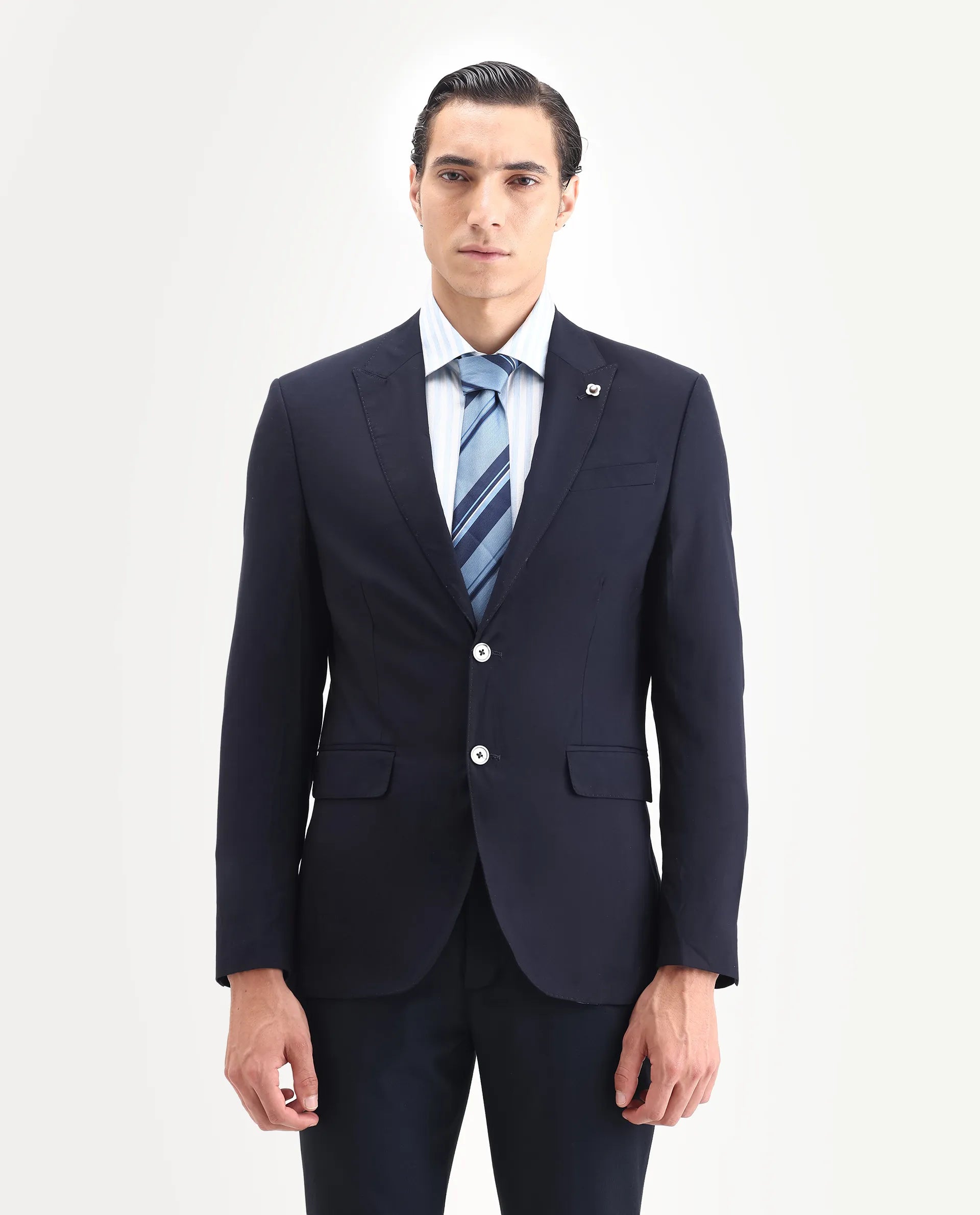 Rare Rabbit Men's Vitara Navy Cotton Plain Tailored Fit Full Sleeve Lapel Neck Blazer