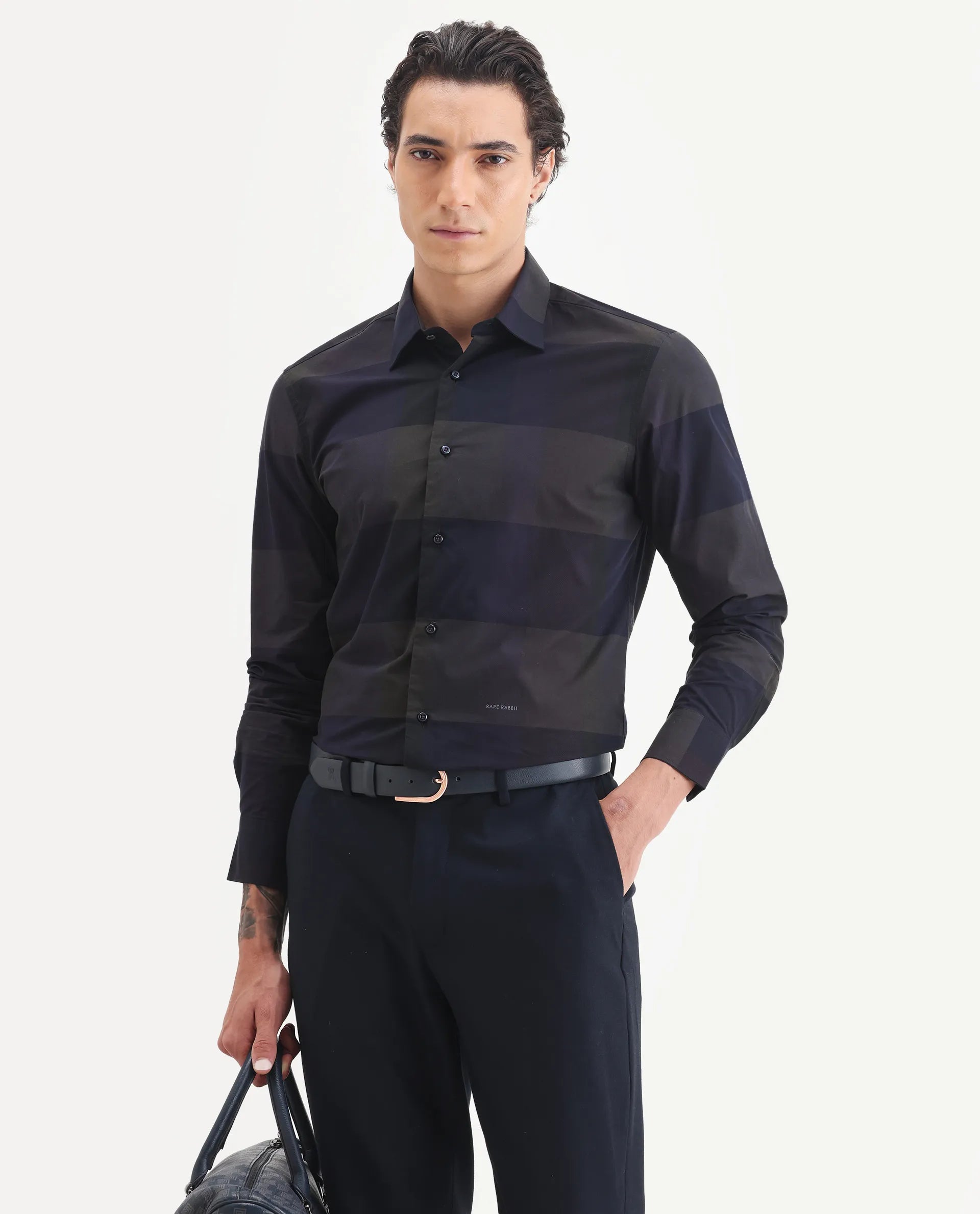 Rare Rabbit Men's Tronte Navy Cotton Checked Print Regular Fit Full Sleeve Collared Shirt