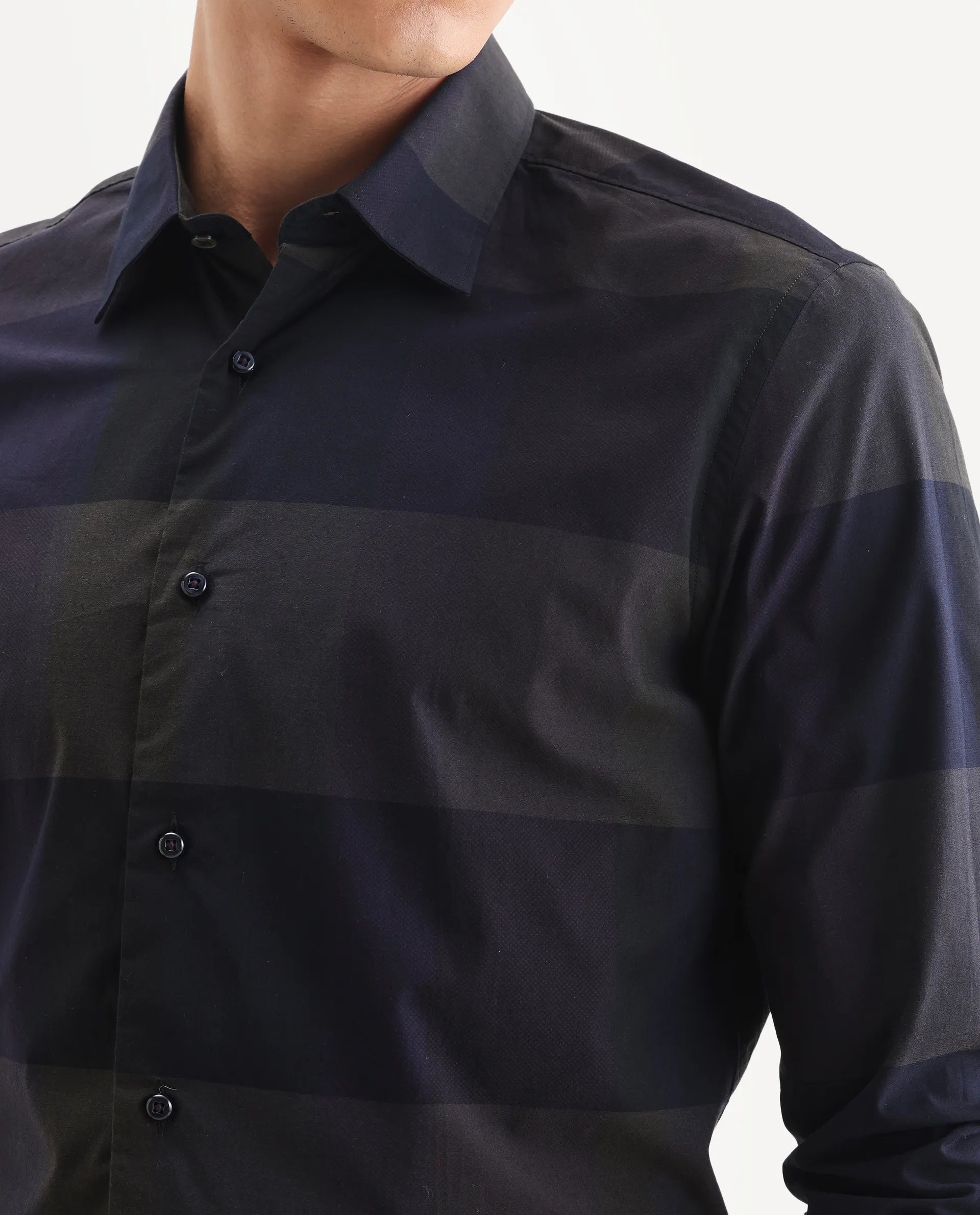 Rare Rabbit Men's Tronte Navy Cotton Checked Print Regular Fit Full Sleeve Collared Shirt