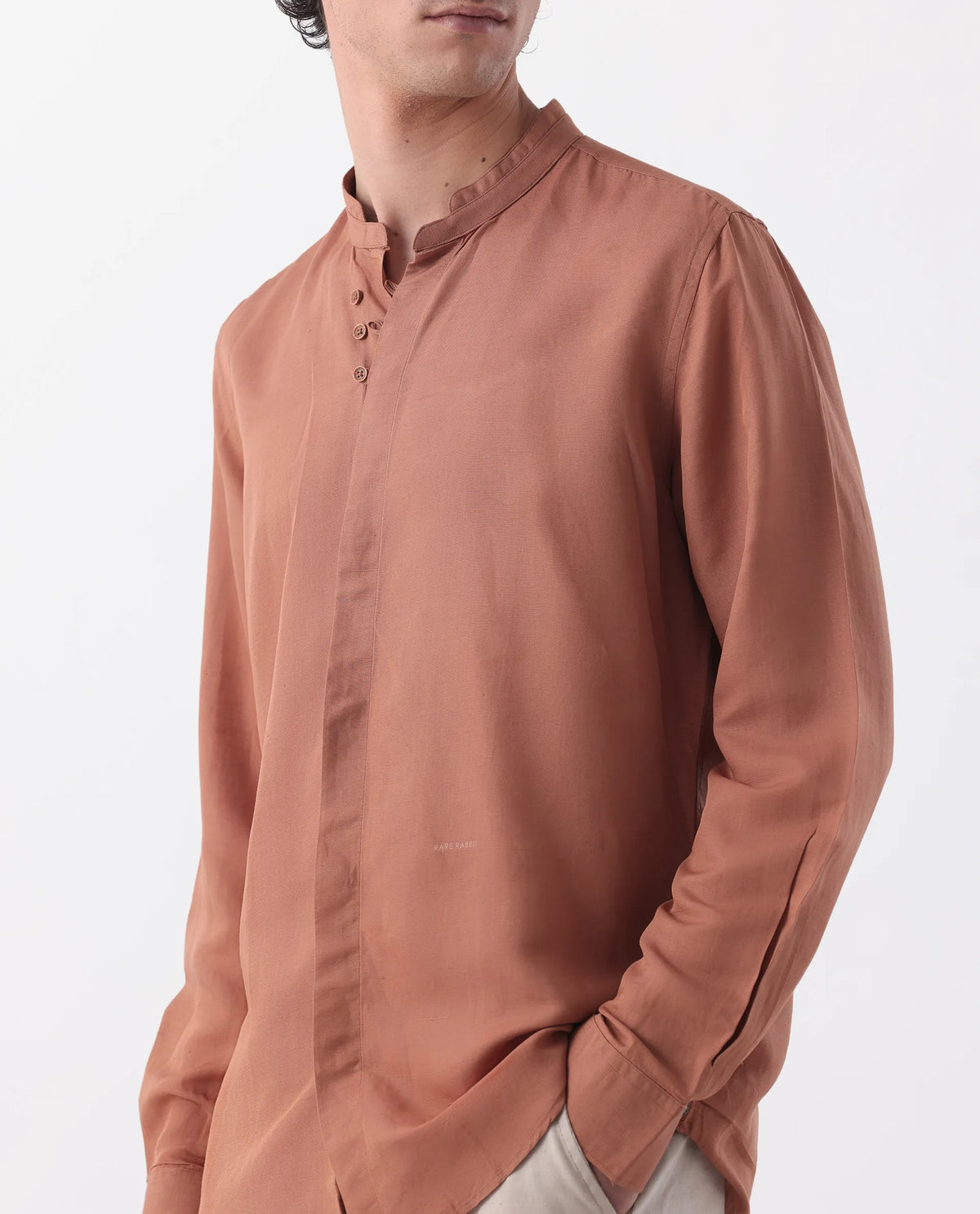 Rare Rabbit Men's Thrones Peach 100% Linen Plain Regular Fit Full Sleeve Mandarin Collar Shirt
