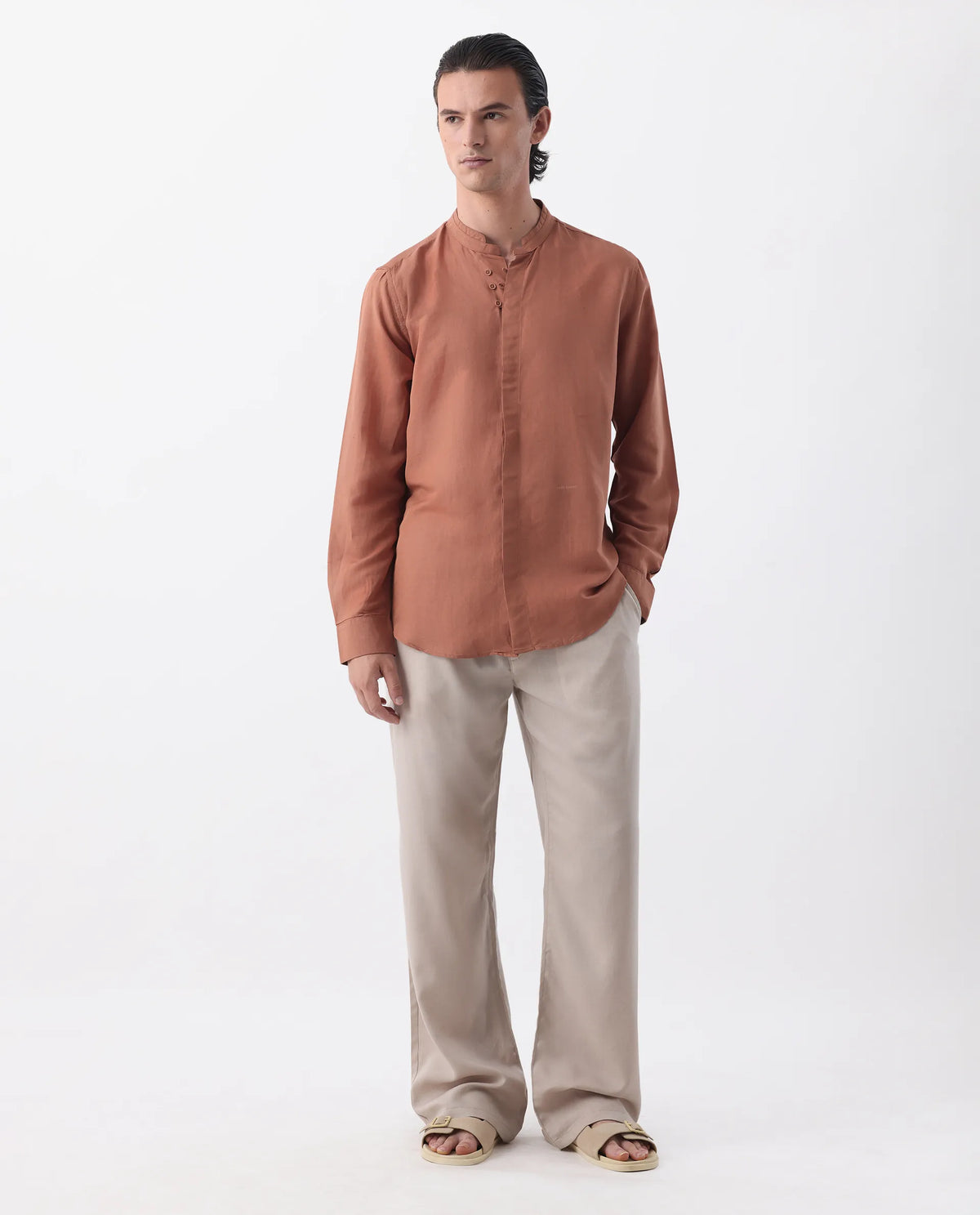 Rare Rabbit Men's Thrones Peach 100% Linen Plain Regular Fit Full Sleeve Mandarin Collar Shirt