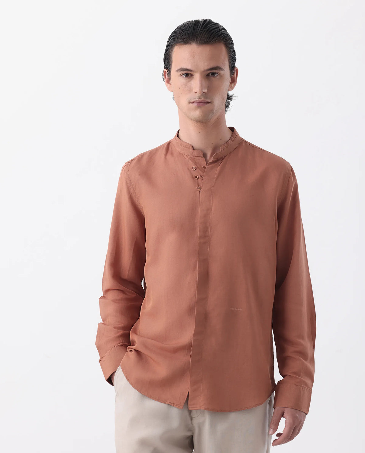 Rare Rabbit Men's Thrones Peach 100% Linen Plain Regular Fit Full Sleeve Mandarin Collar Shirt