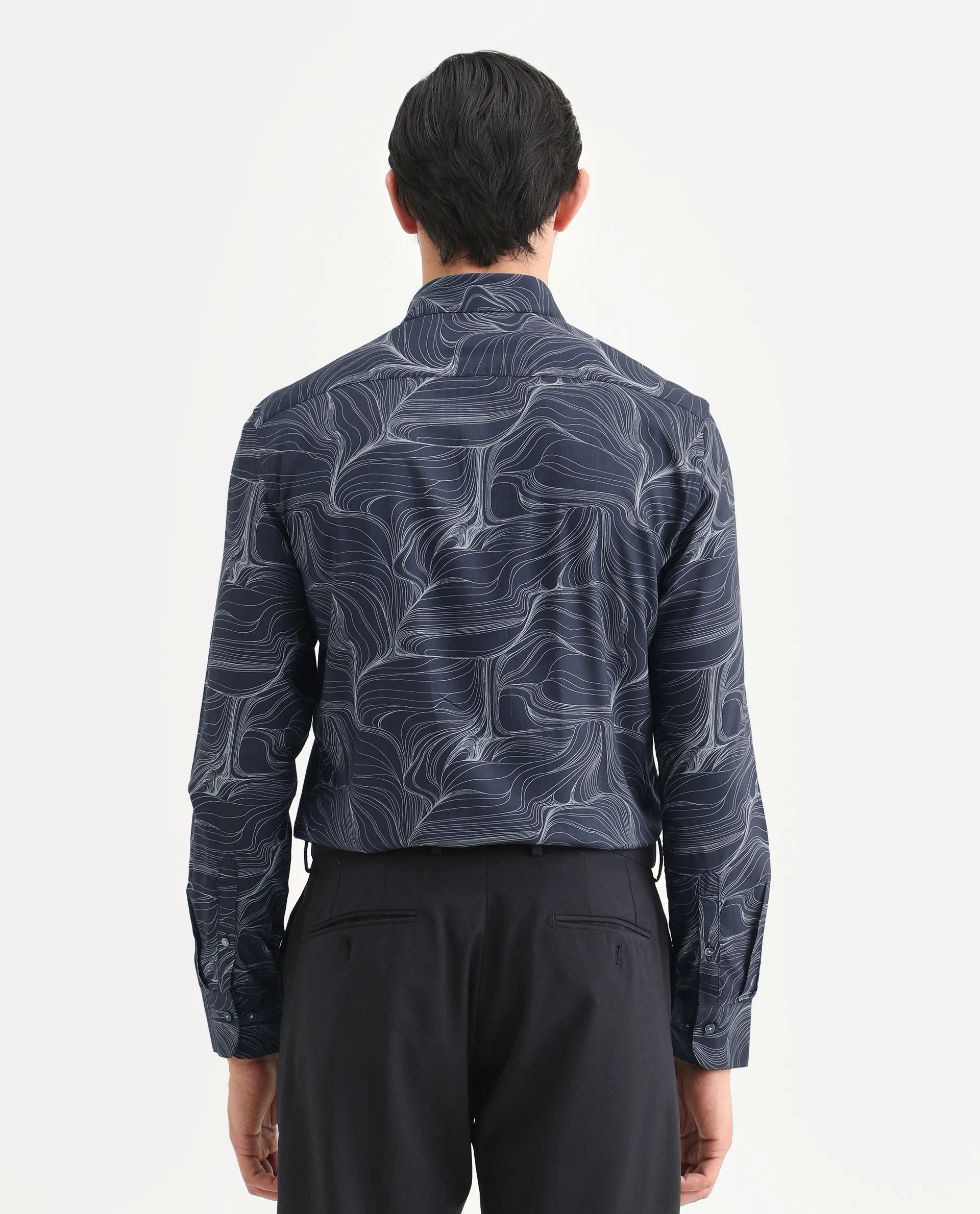Rare Rabbit Men's Gravel Navy Viscose Abstract Print Regular Fit Full Sleeve Collared Shirt