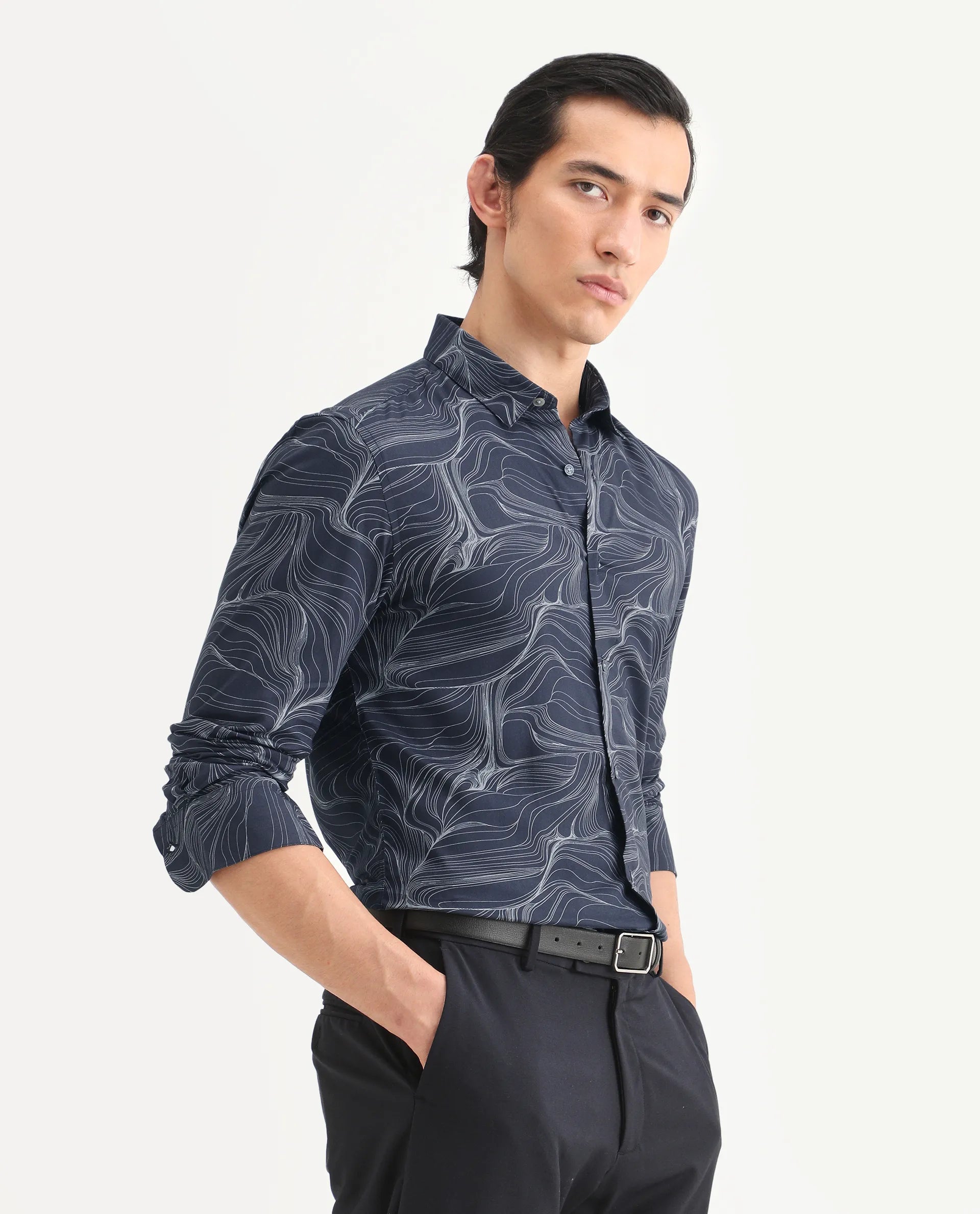Rare Rabbit Men's Gravel Navy Viscose Abstract Print Regular Fit Full Sleeve Collared Shirt