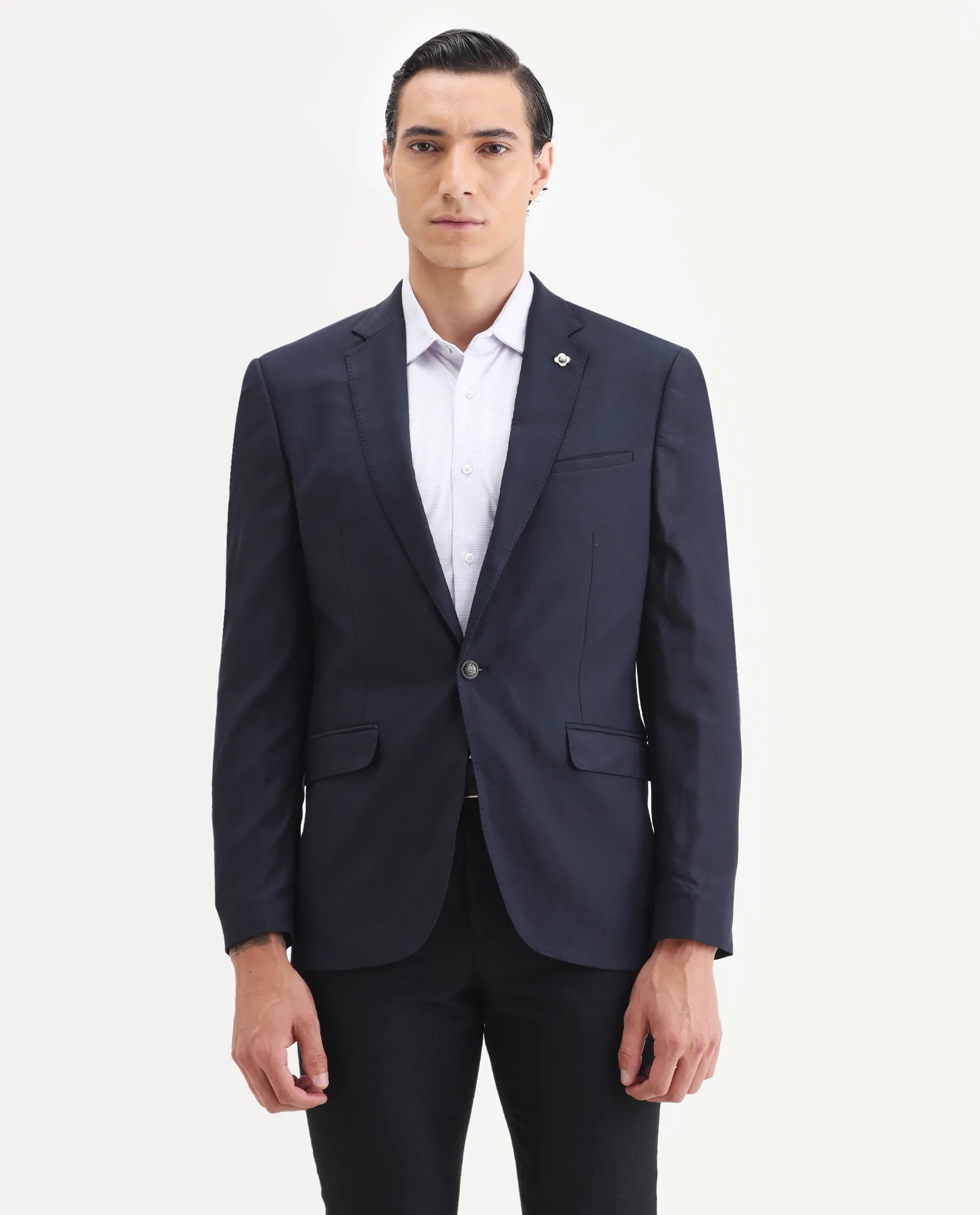 Rare Rabbit Men's Barton Navy Polyester Plain Tailored Fit Full Sleeve Lapel Neck Blazer