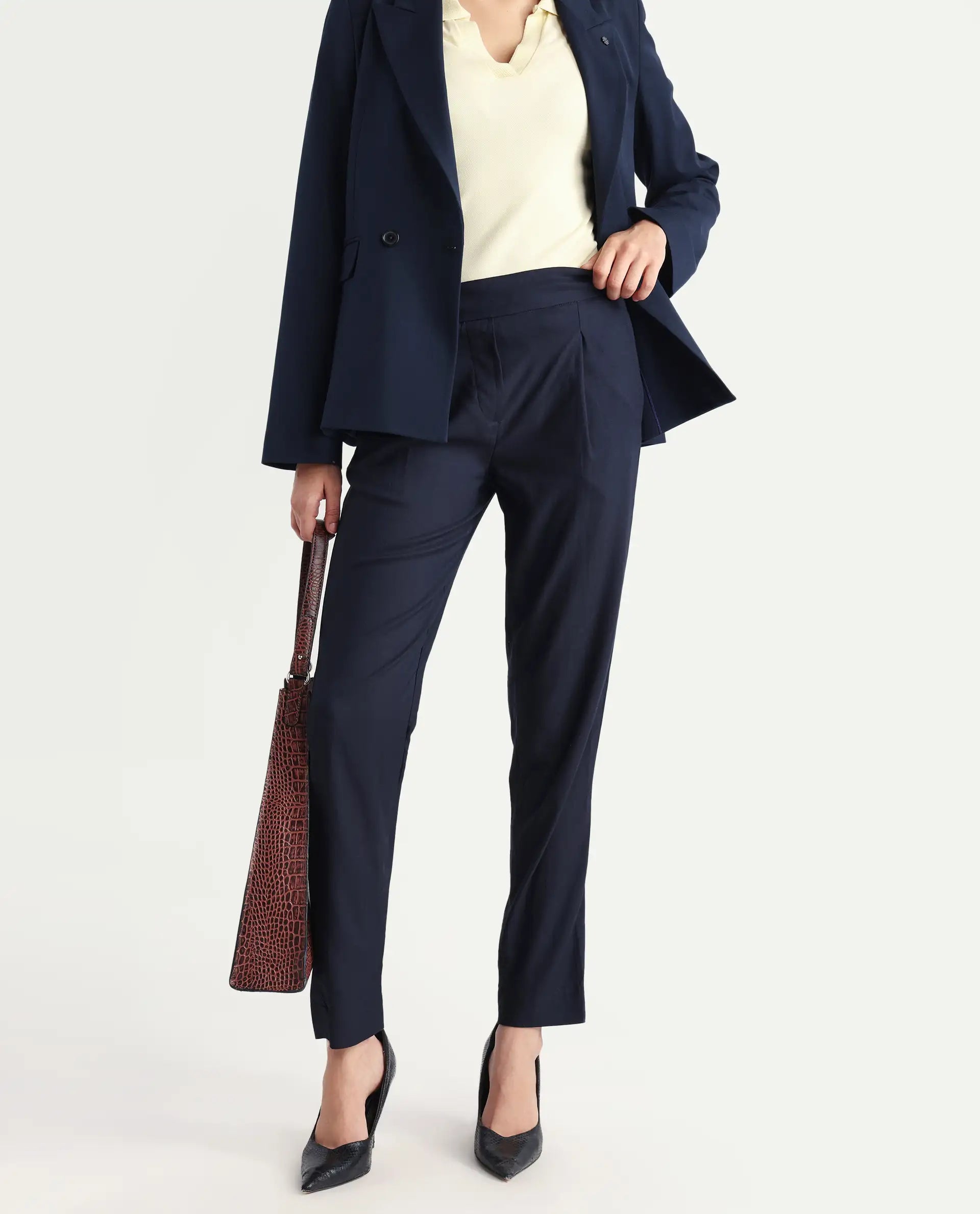 Rareism Women's Rosalia Navy Polyester Blend Plain Ankle Length Relaxed Fit Trouser