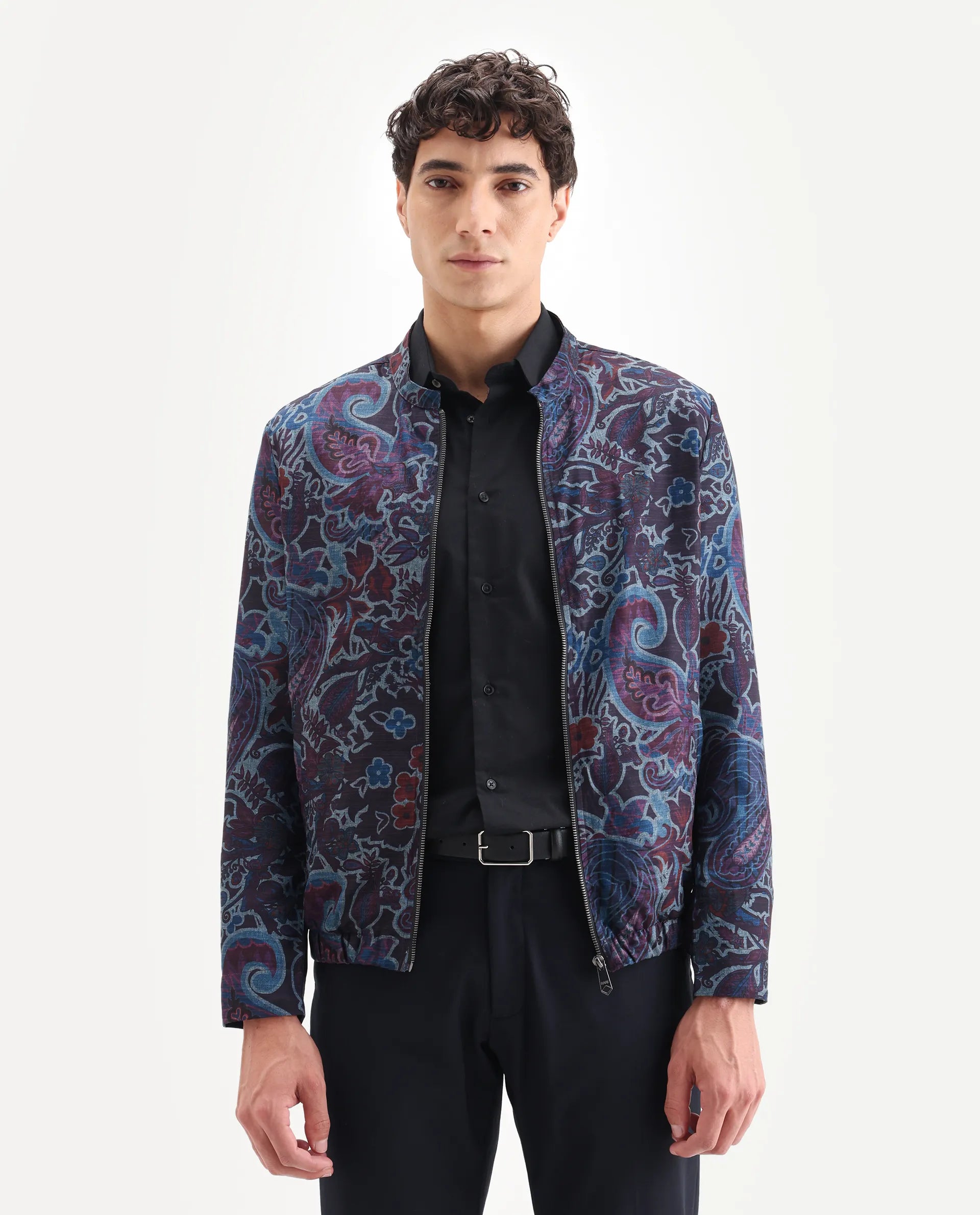 Rare Rabbit Men's Radio Dark Purple Polyester Paisley Print Regular Fit Full Sleeve Mandarin Collar Jacket