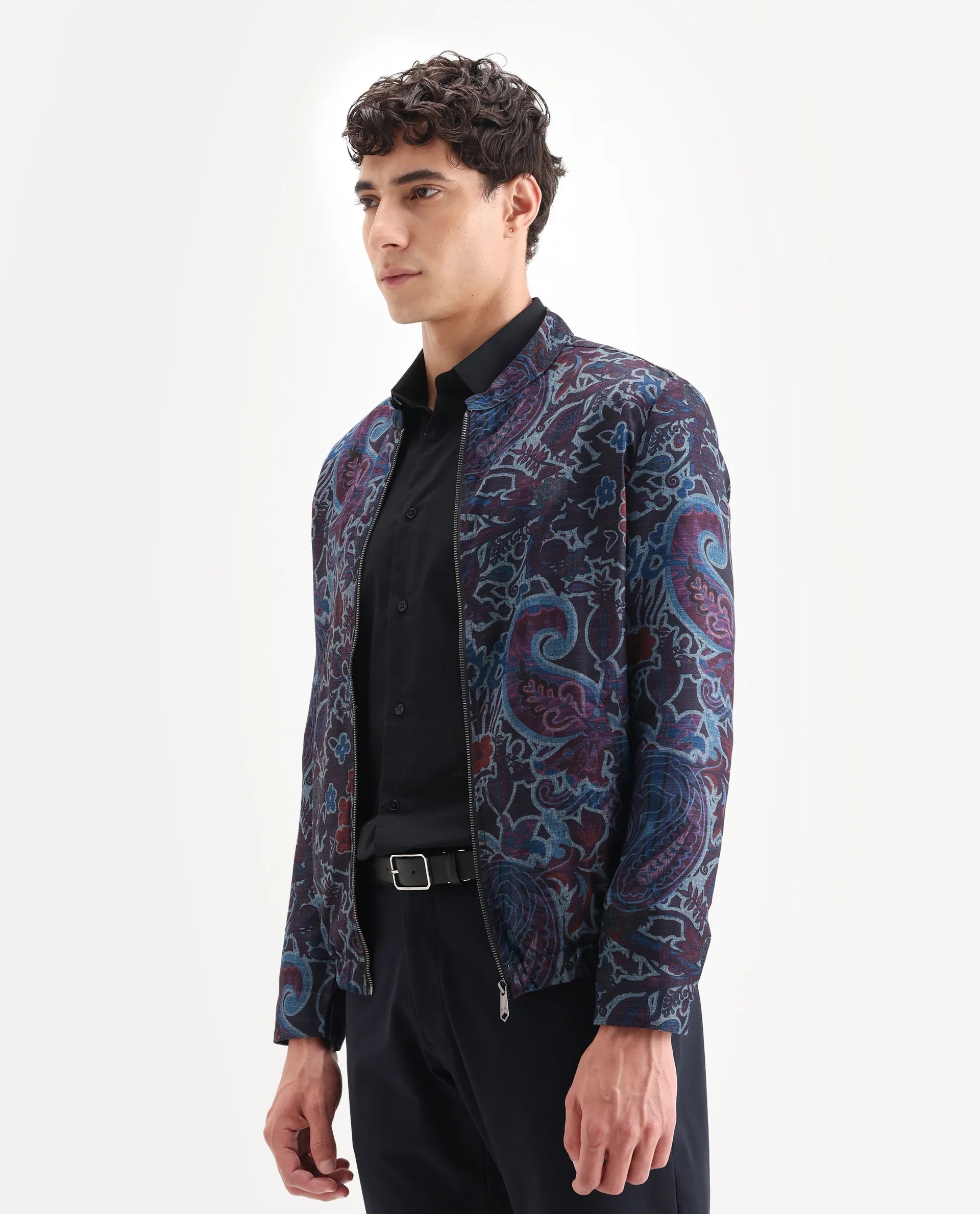 Rare Rabbit Men's Radio Dark Purple Polyester Paisley Print Regular Fit Full Sleeve Mandarin Collar Jacket