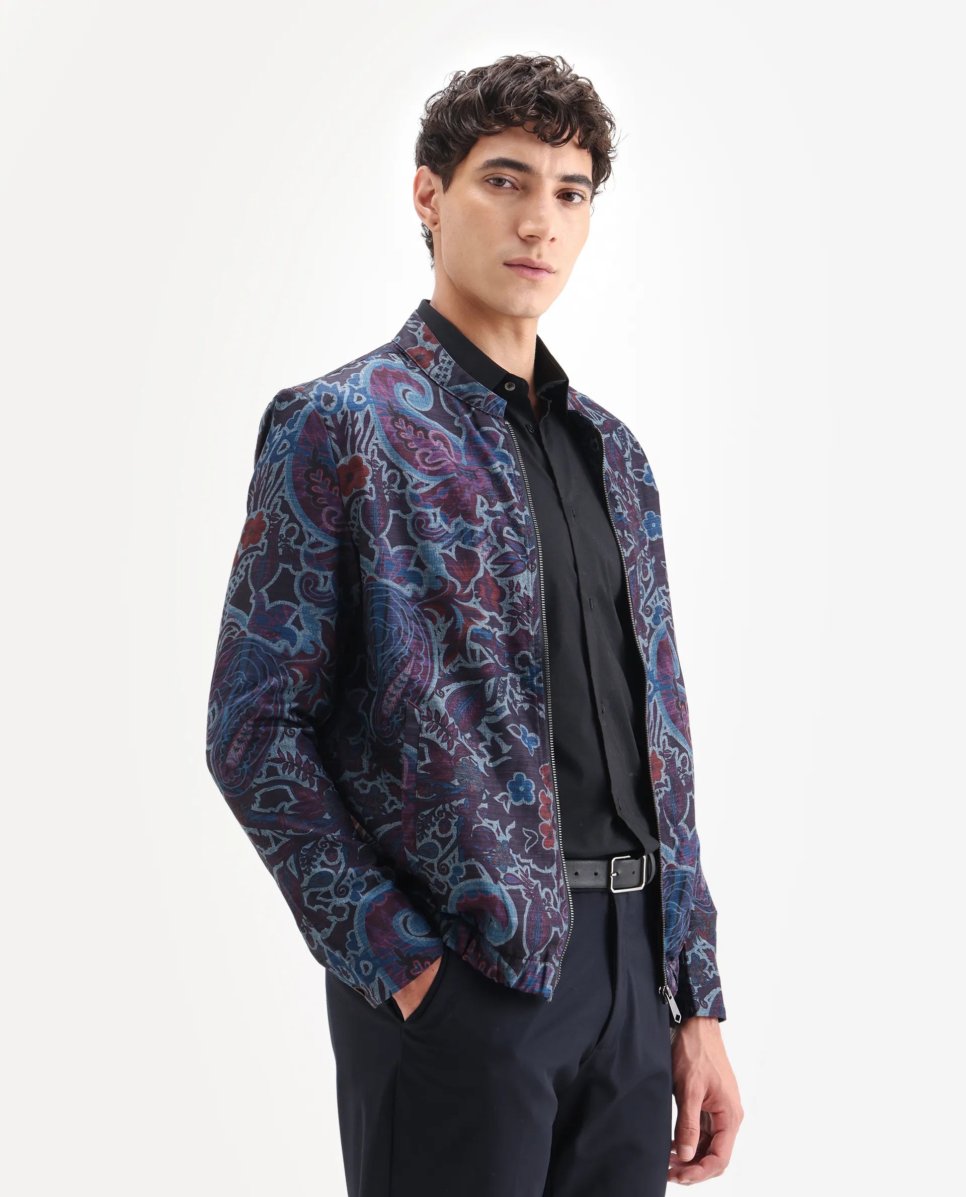Rare Rabbit Men's Radio Dark Purple Polyester Paisley Print Regular Fit Full Sleeve Mandarin Collar Jacket