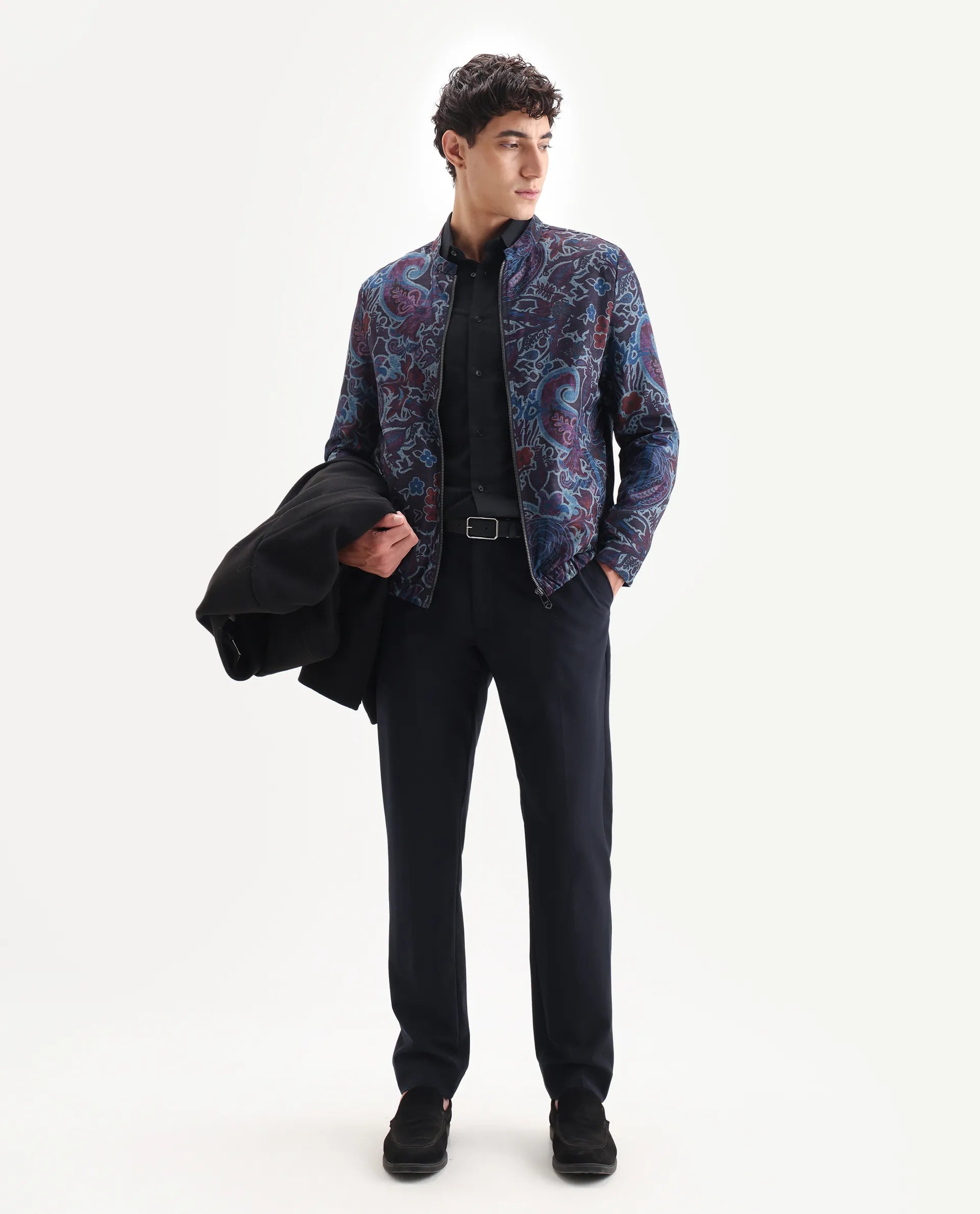 Rare Rabbit Men's Radio Dark Purple Polyester Paisley Print Regular Fit Full Sleeve Mandarin Collar Jacket