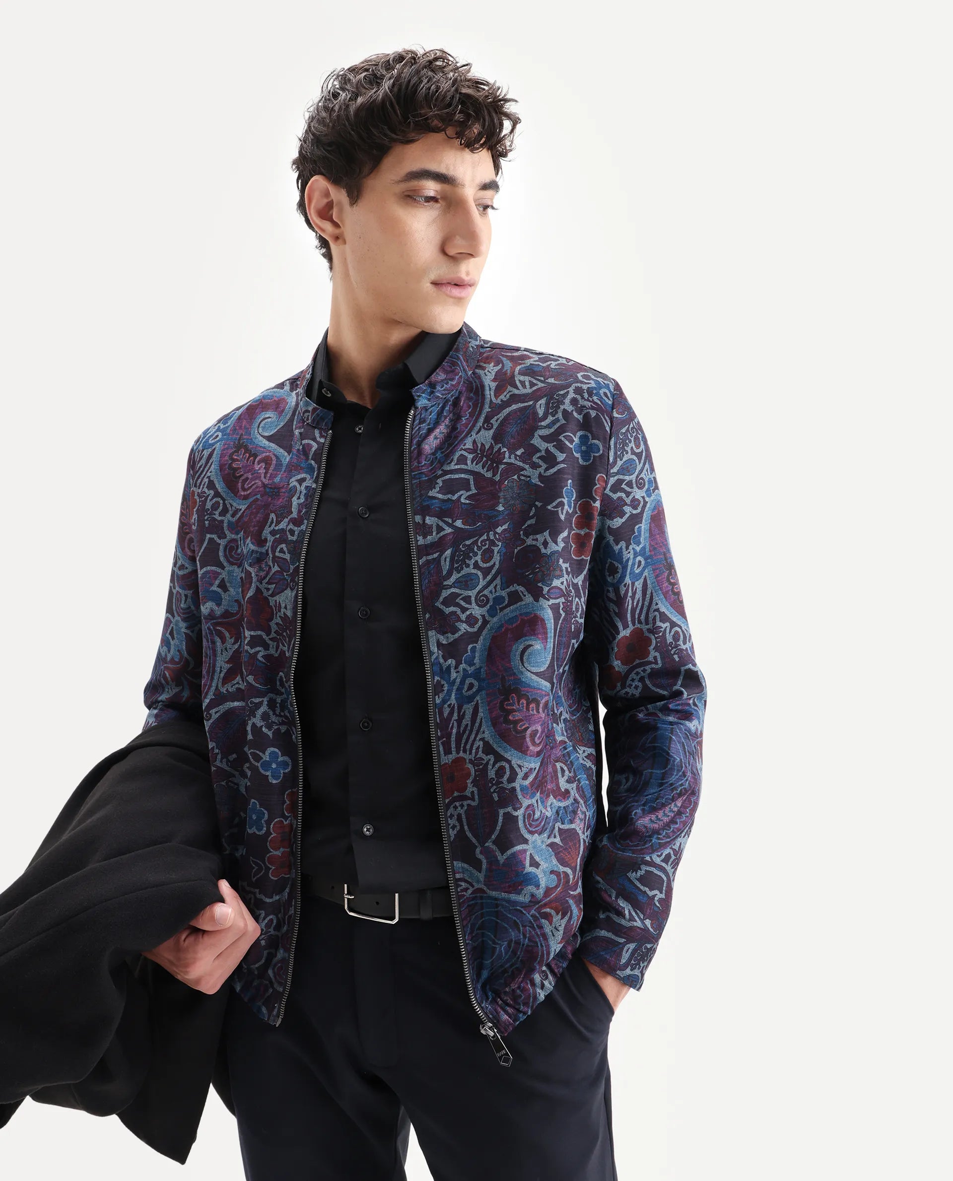 Rare Rabbit Men's Radio Dark Purple Polyester Paisley Print Regular Fit Full Sleeve Mandarin Collar Jacket