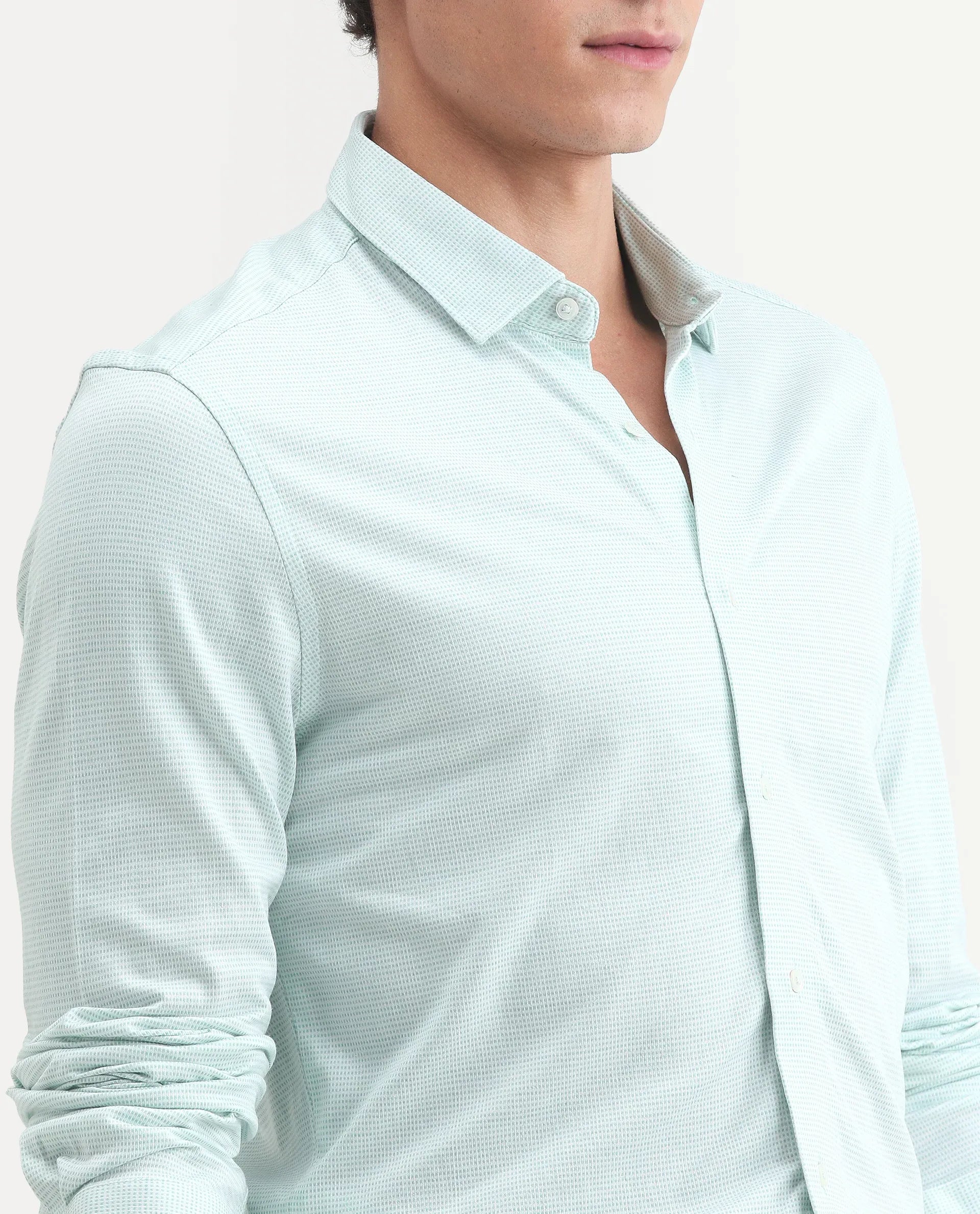 Rare Rabbit Men's Fay Green Cotton Textured Regular Fit Full Sleeve Collared Shirt