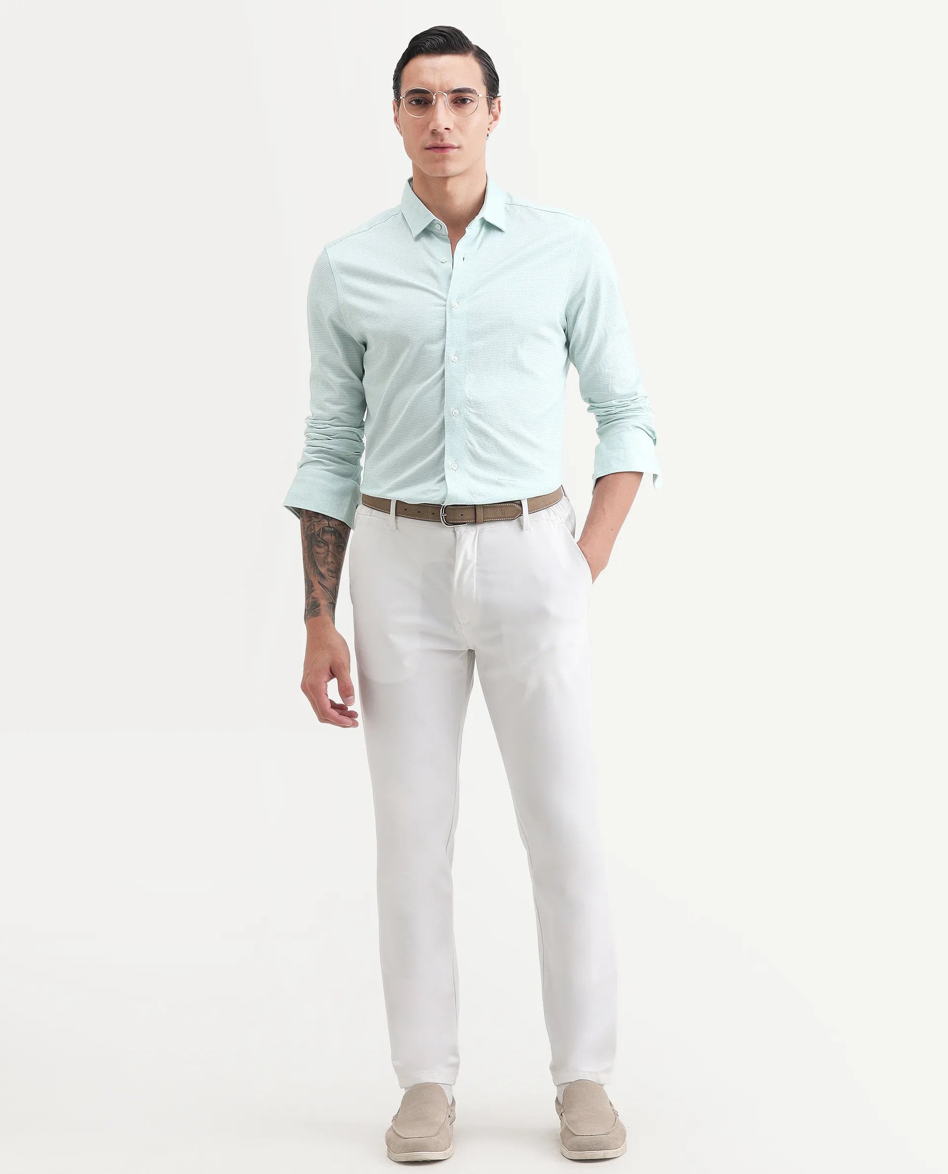 Rare Rabbit Men's Fay Green Cotton Textured Regular Fit Full Sleeve Collared Shirt