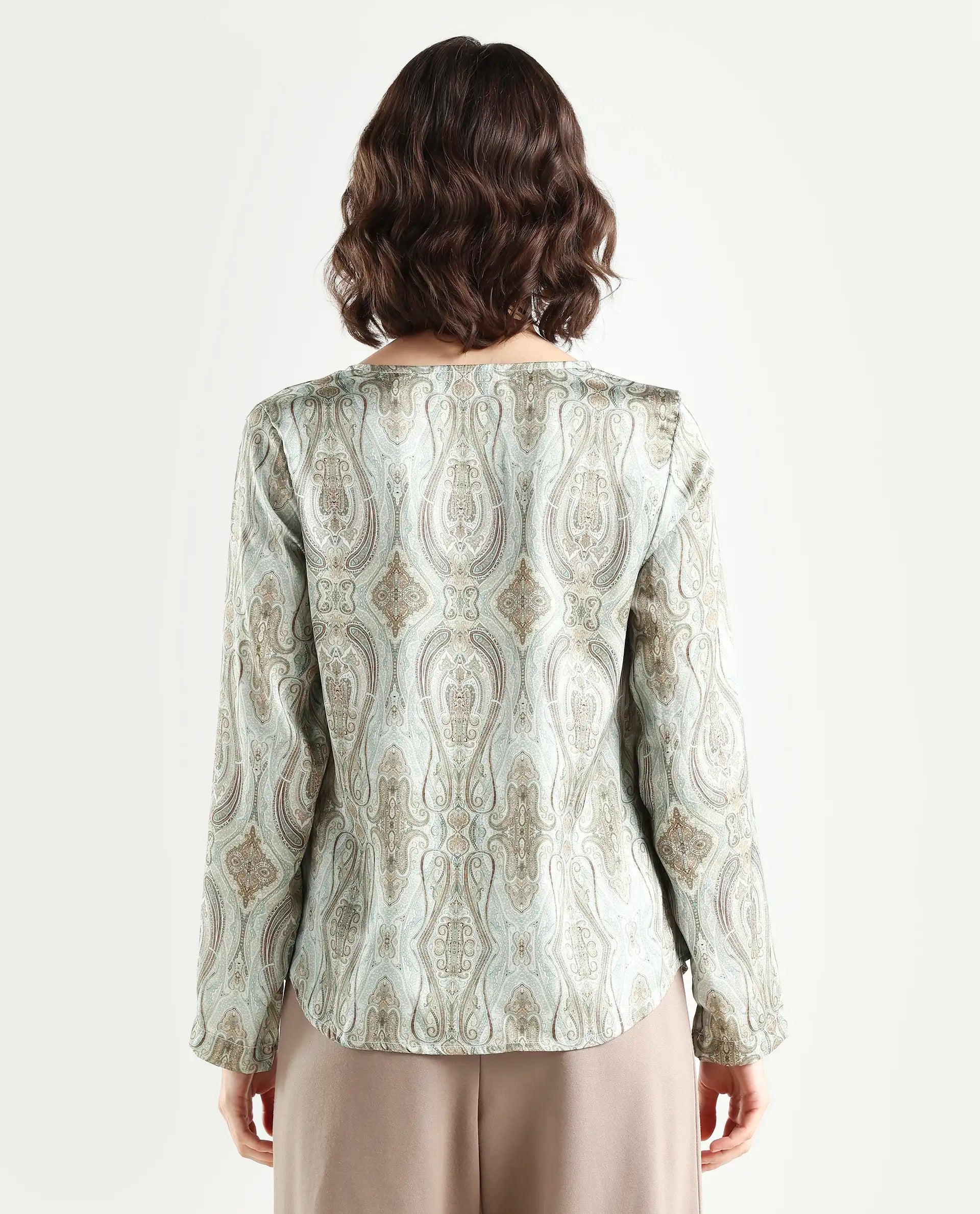 Rareism Women's Zolah Green Polyester Cowl Neck Paisley Print Regular Fit Top