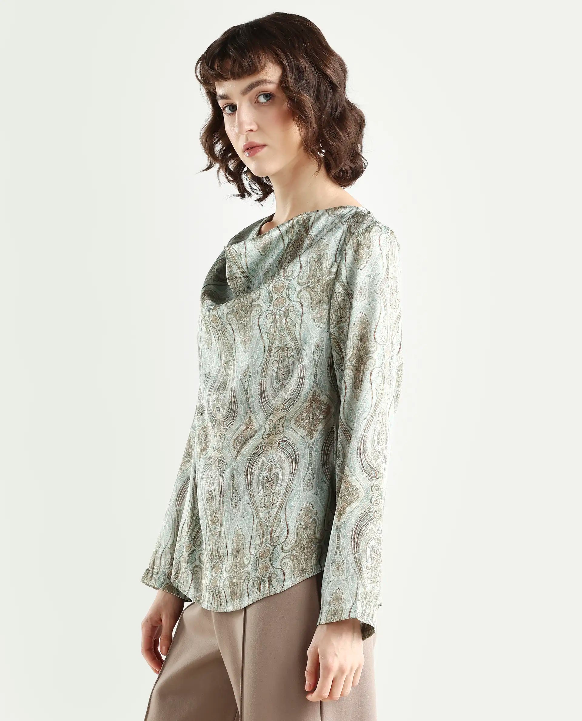 Rareism Women's Zolah Green Polyester Cowl Neck Paisley Print Regular Fit Top