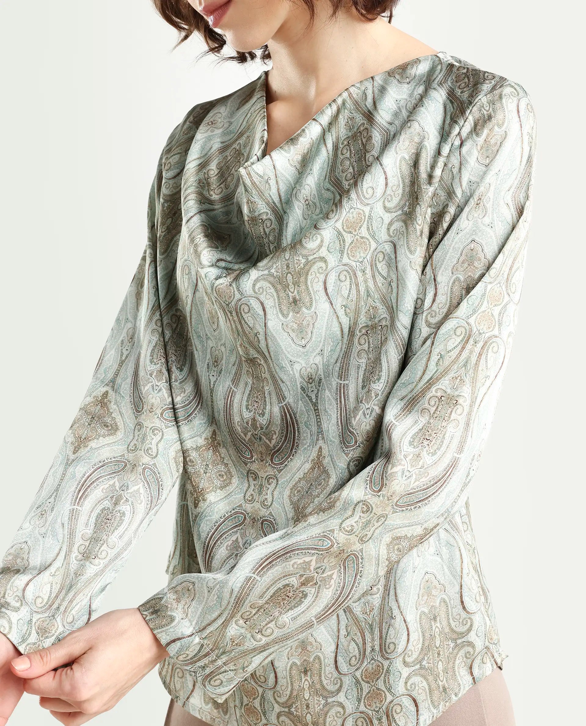 Rareism Women's Zolah Green Polyester Cowl Neck Paisley Print Regular Fit Top