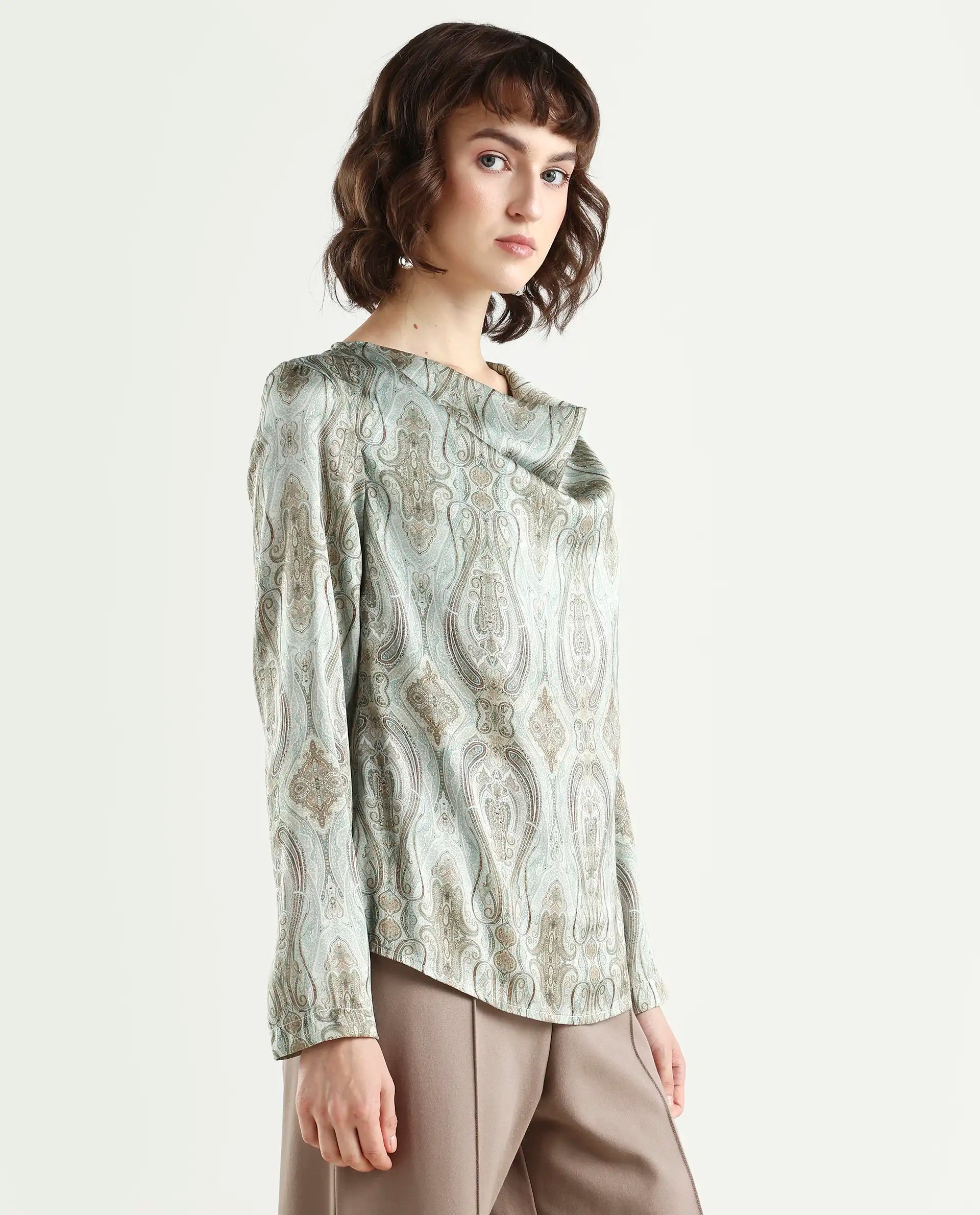 Rareism Women's Zolah Green Polyester Cowl Neck Paisley Print Regular Fit Top