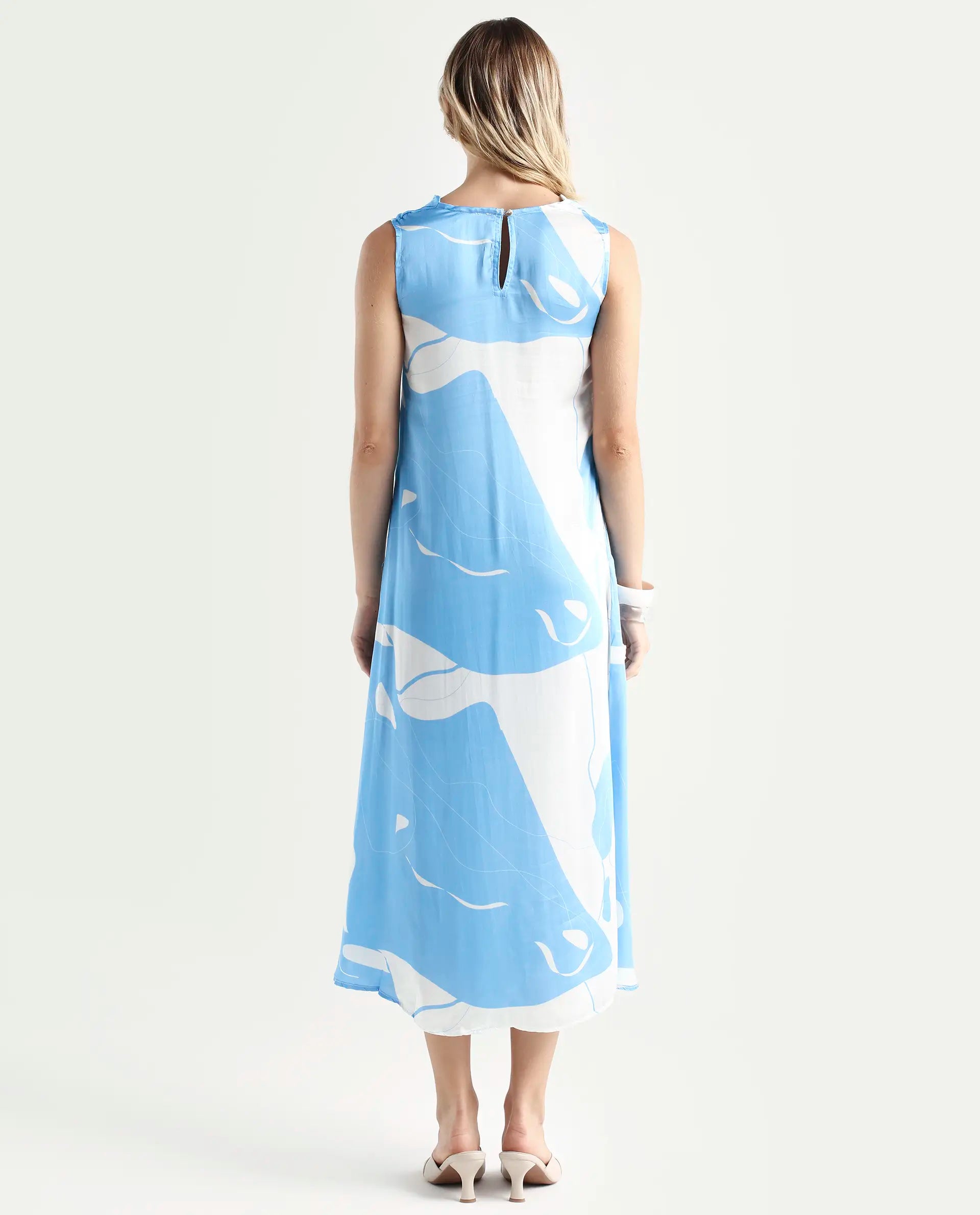 Rareism Women's Arden Blue Modal Cowl Neck Abstract Print Sleeveless Knee Length Regular Fit Dress