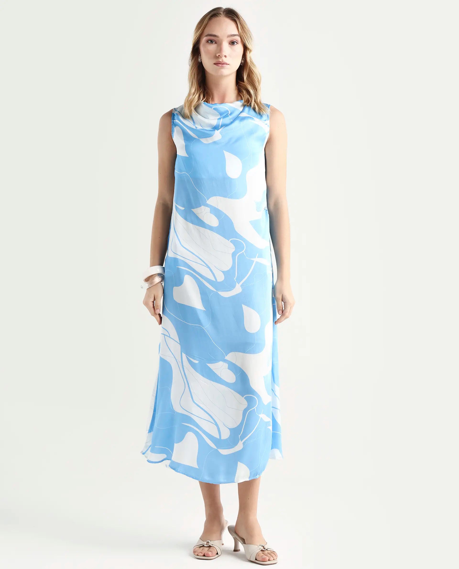 Rareism Women's Arden Blue Modal Cowl Neck Abstract Print Sleeveless Knee Length Regular Fit Dress