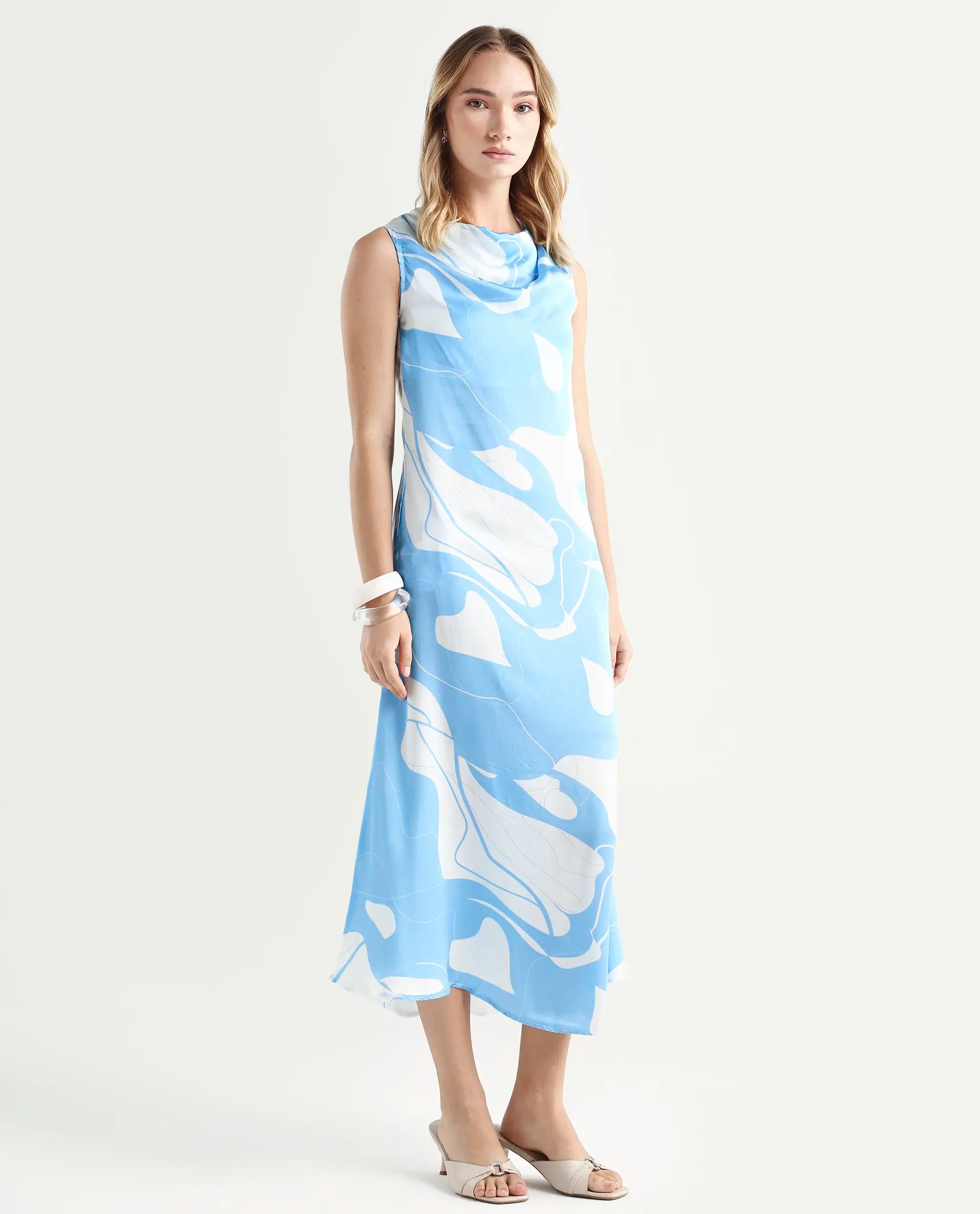 Rareism Women's Arden Blue Modal Cowl Neck Abstract Print Sleeveless Knee Length Regular Fit Dress