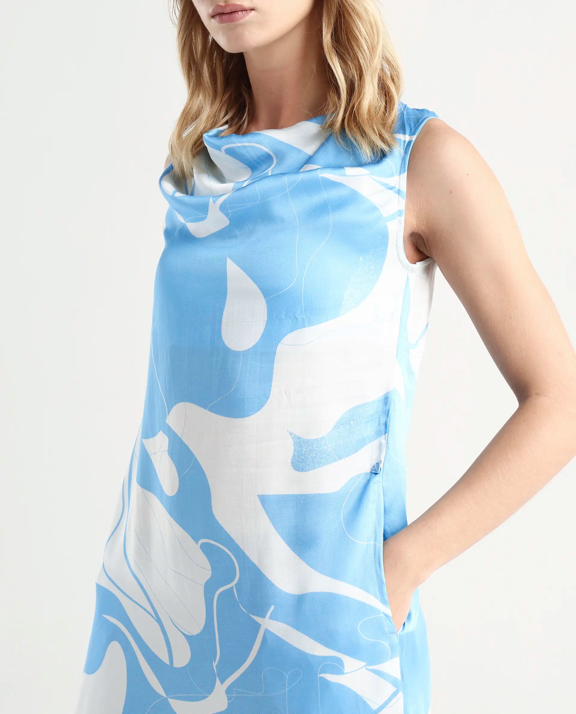 Rareism Women's Arden Blue Modal Cowl Neck Abstract Print Sleeveless Knee Length Regular Fit Dress