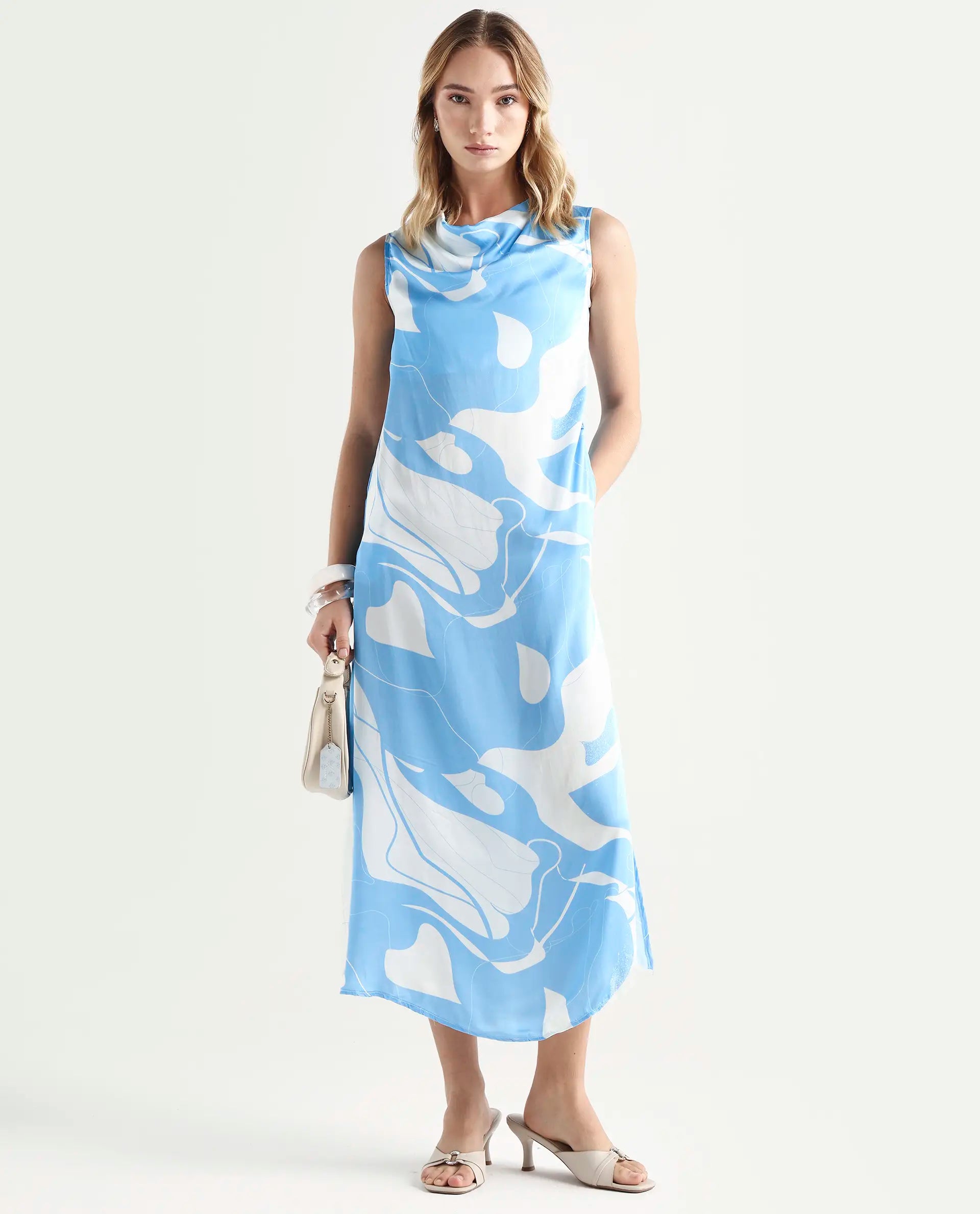 Rareism Women's Arden Blue Modal Cowl Neck Abstract Print Sleeveless Knee Length Regular Fit Dress