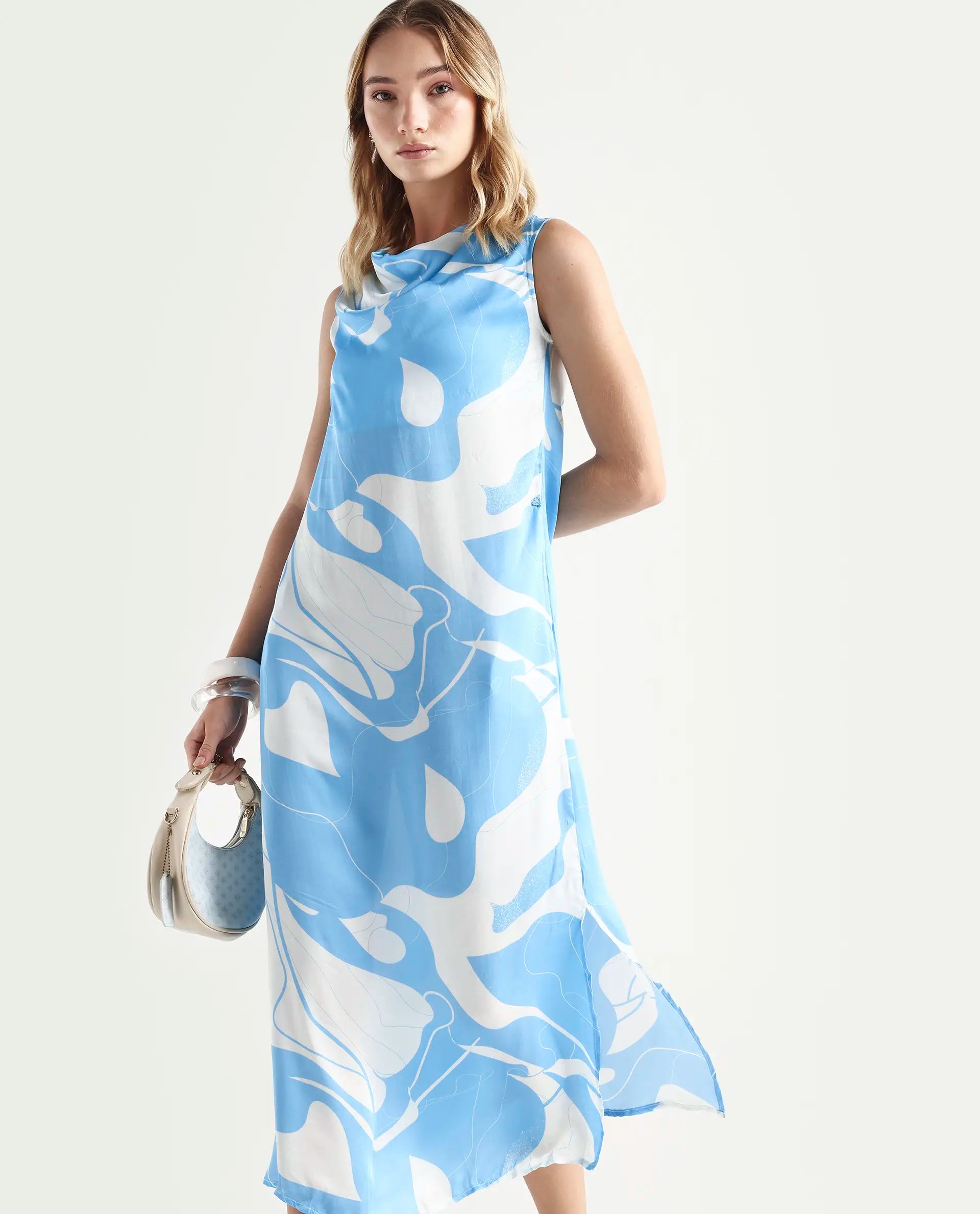 Rareism Women's Arden Blue Modal Cowl Neck Abstract Print Sleeveless Knee Length Regular Fit Dress