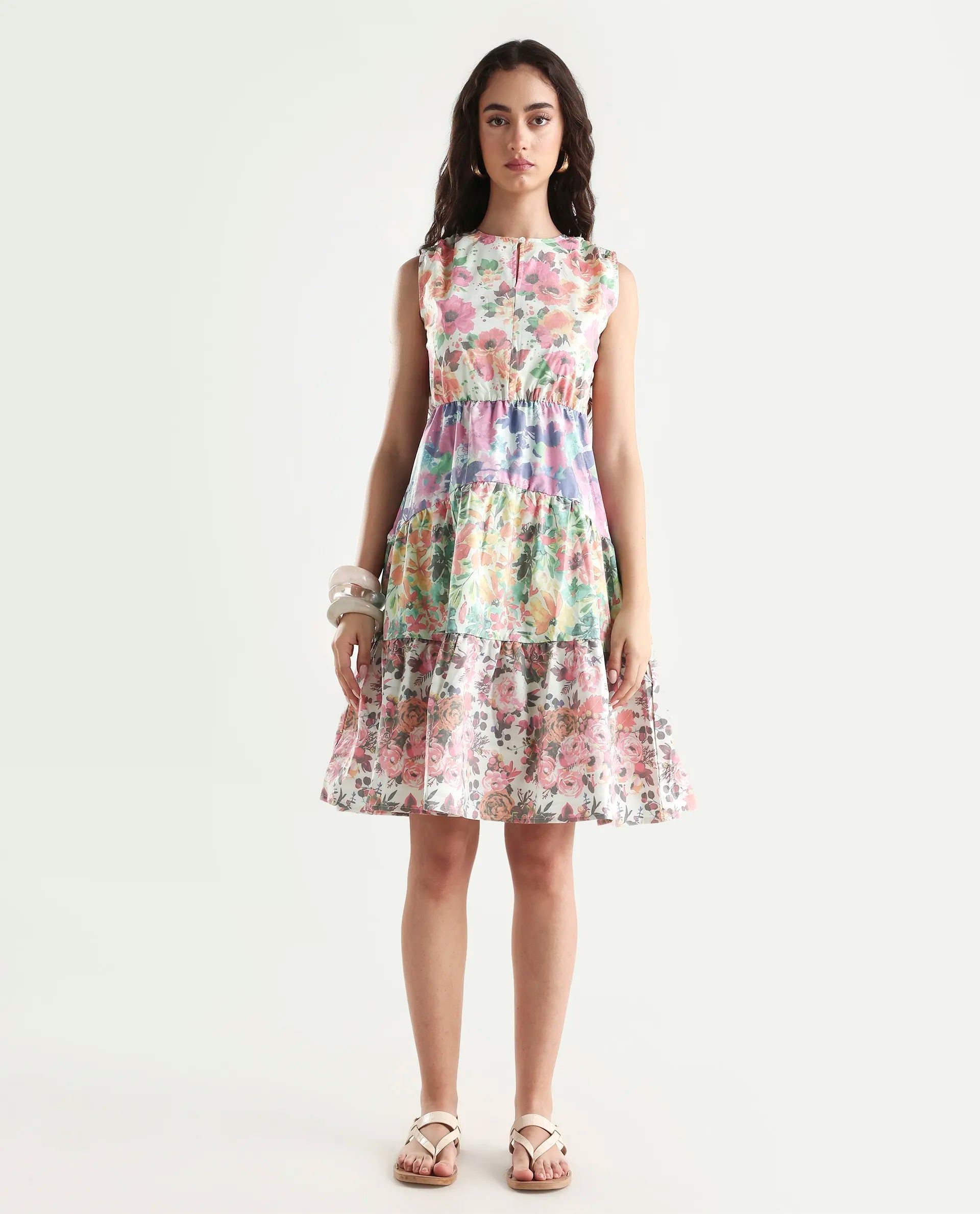 Rareism Women's Carys Multi Polyester Key Hole Neck Floral Print Sleeveless Knee Length Regular Fit Dress