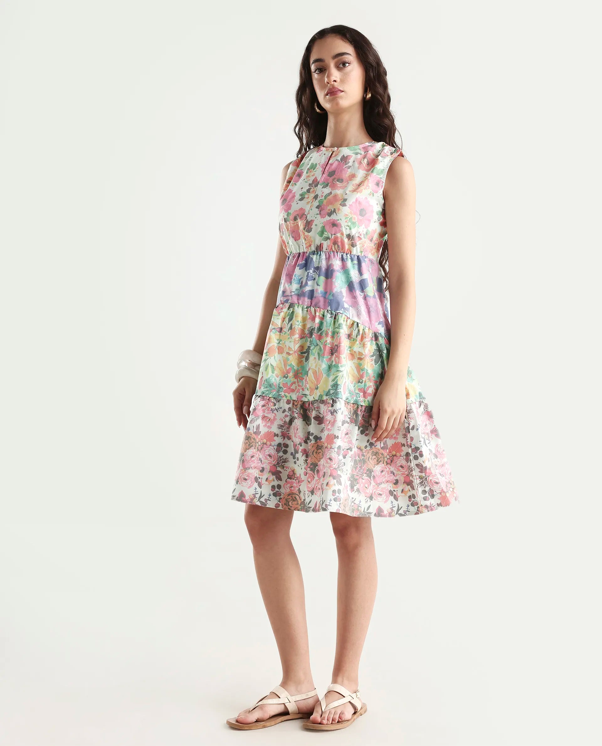 Rareism Women's Carys Multi Polyester Key Hole Neck Floral Print Sleeveless Knee Length Regular Fit Dress