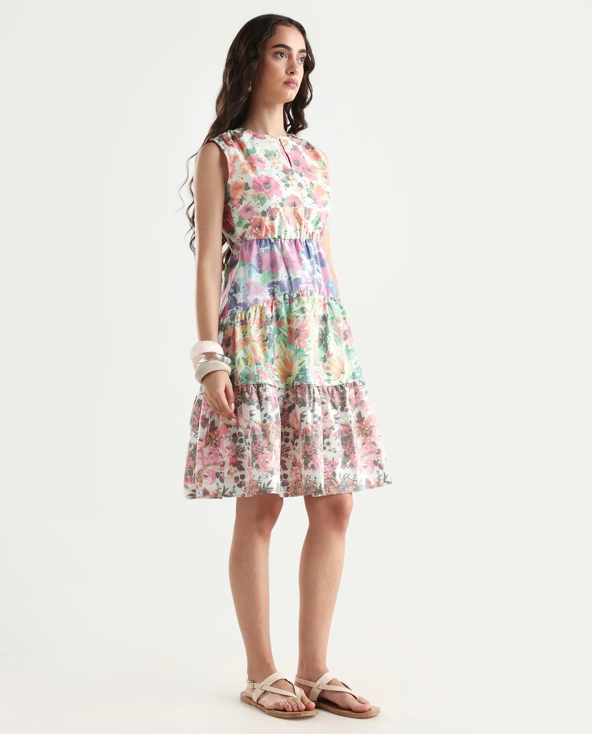 Rareism Women's Carys Multi Polyester Key Hole Neck Floral Print Sleeveless Knee Length Regular Fit Dress