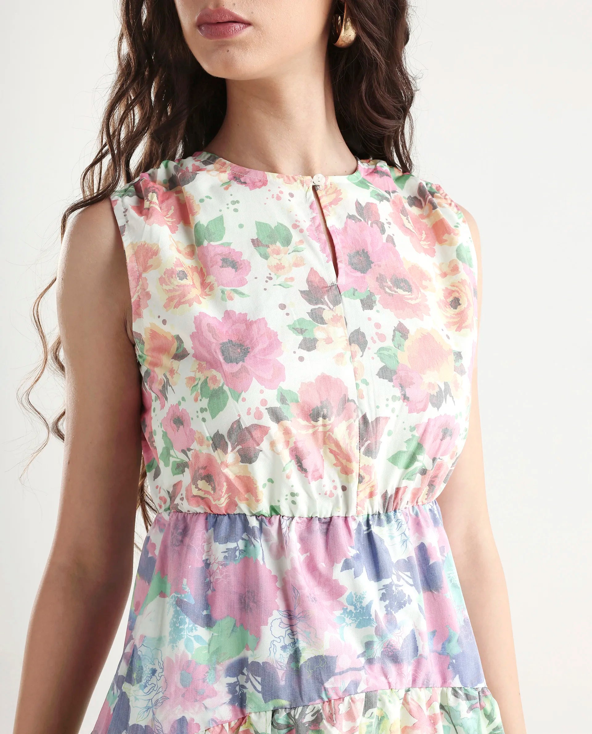 Rareism Women's Carys Multi Polyester Key Hole Neck Floral Print Sleeveless Knee Length Regular Fit Dress