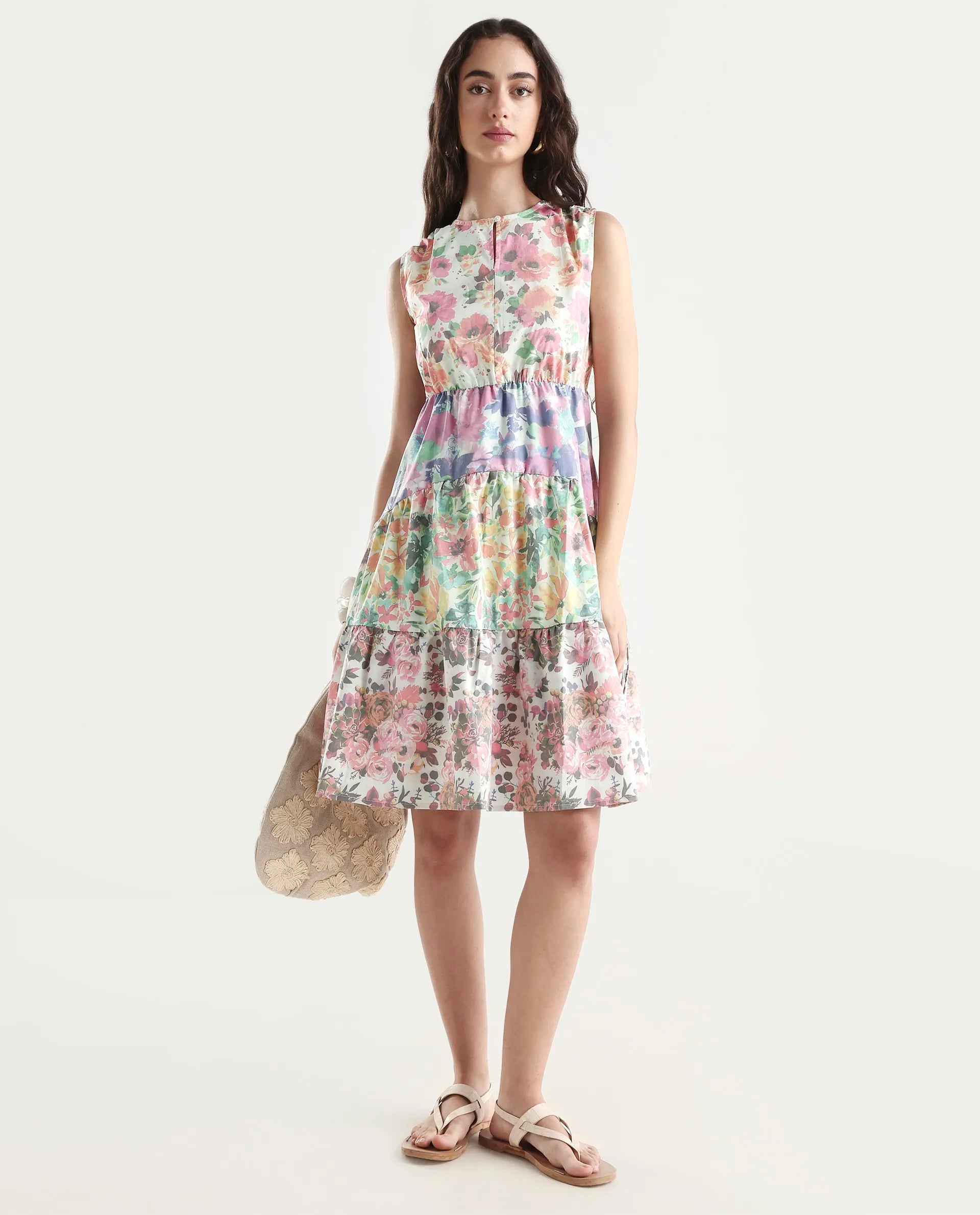 Rareism Women's Carys Multi Polyester Key Hole Neck Floral Print Sleeveless Knee Length Regular Fit Dress
