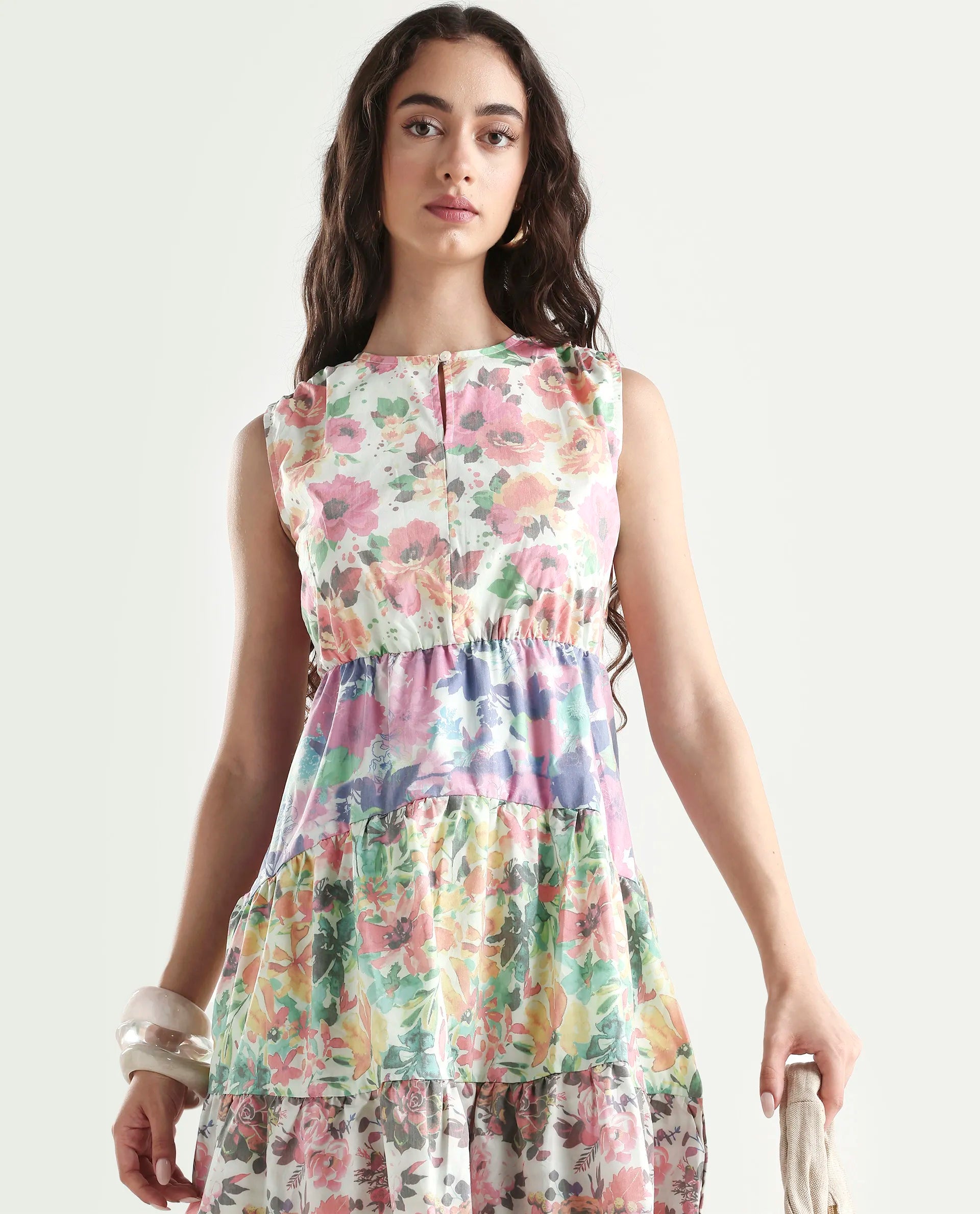 Rareism Women's Carys Multi Polyester Key Hole Neck Floral Print Sleeveless Knee Length Regular Fit Dress