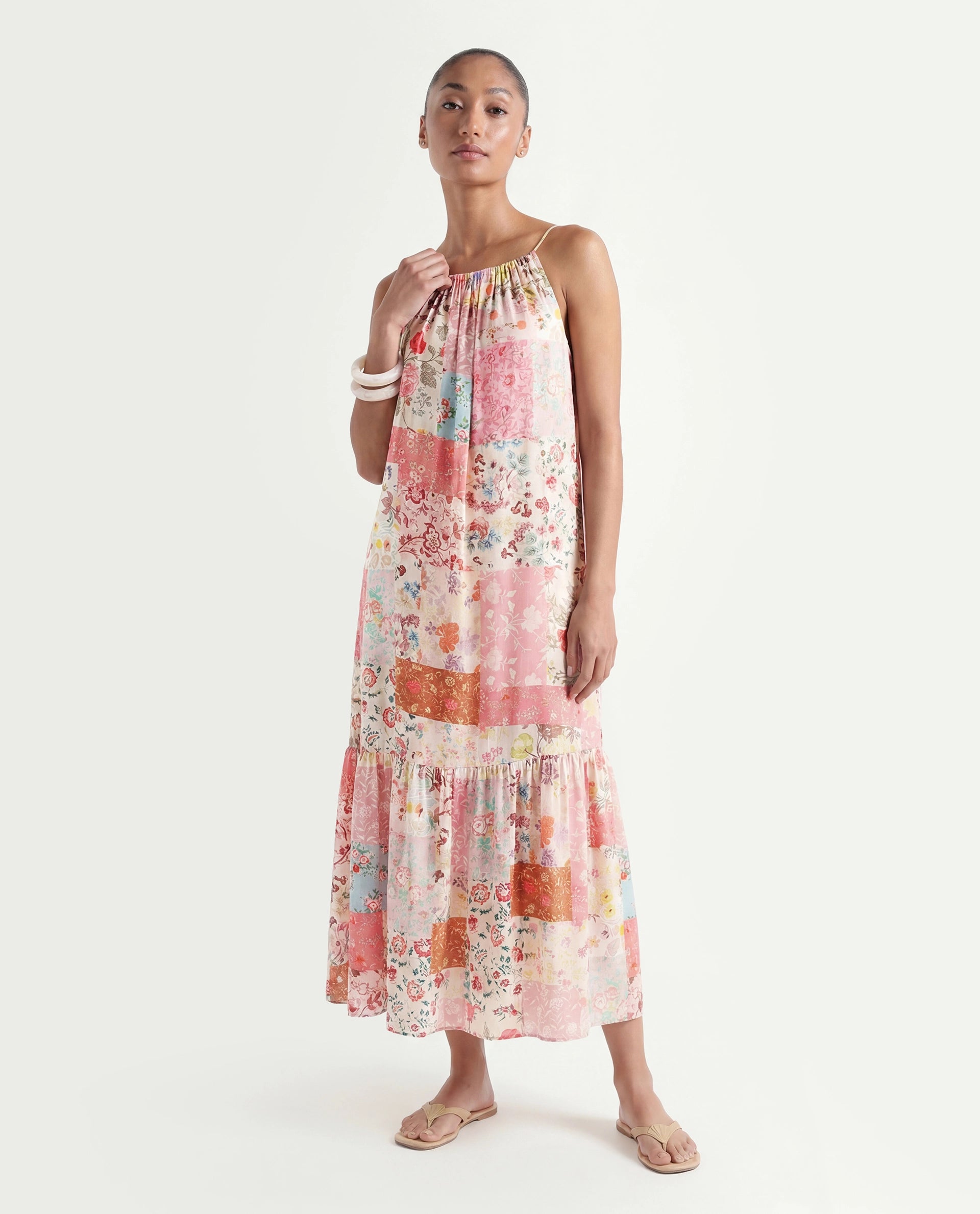 Rareism Women's Katie Multi Polyester Shoulder Strap Floral Print Shoulder Strap Maxi Regular Fit Dress