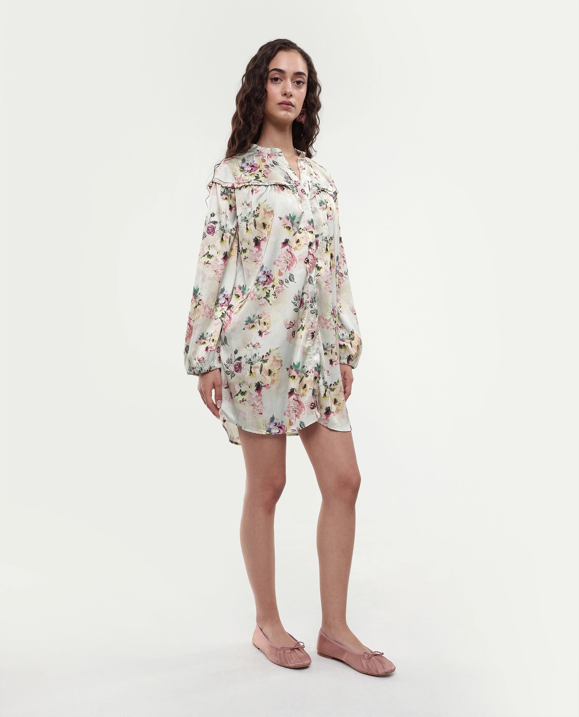 Rareism Women's Penelope Beige Polyester Ruffled Neck Floral Print Mini Regular Fit Dress