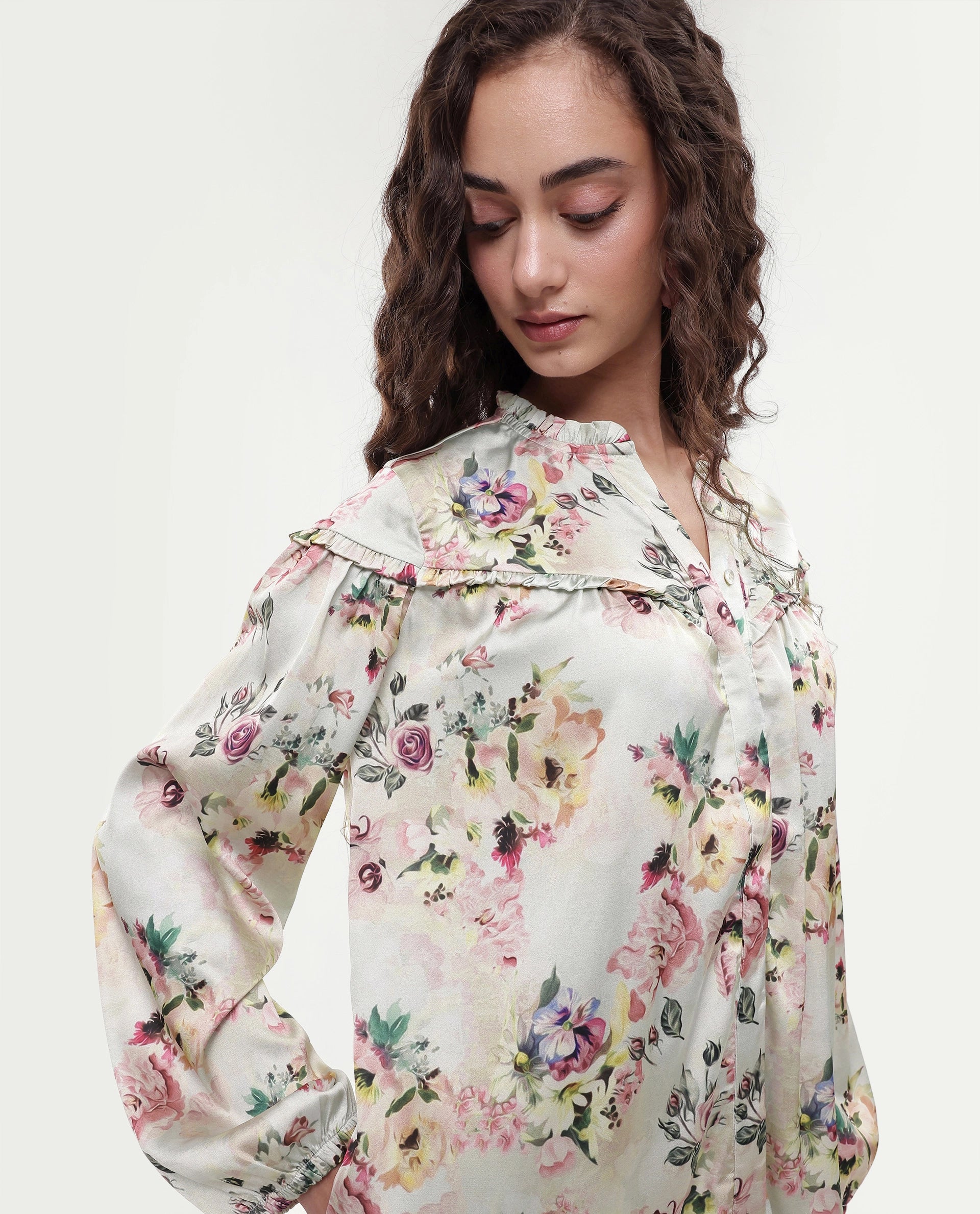 Rareism Women's Penelope Beige Polyester Ruffled Neck Floral Print Mini Regular Fit Dress