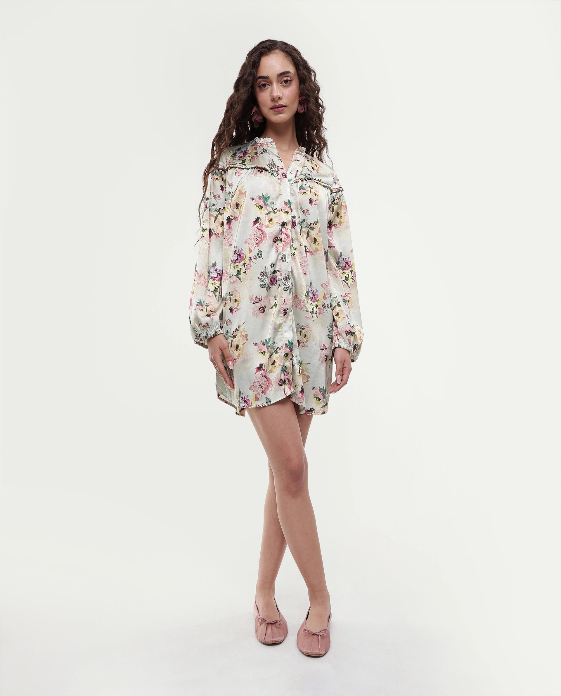Rareism Women's Penelope Beige Polyester Ruffled Neck Floral Print Mini Regular Fit Dress