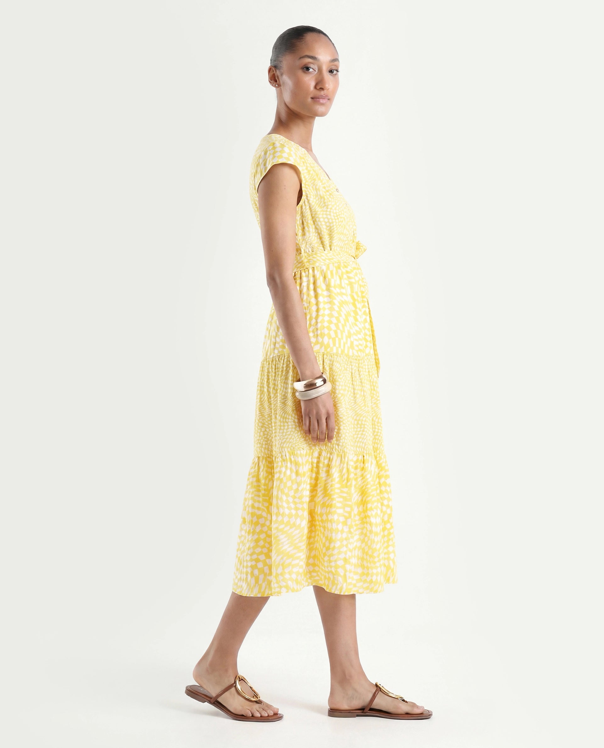Rareism Women's Whitney Yellow Cotton V-Neck Geometric Print Cape Sleeve Knee Length Regular Fit Dress