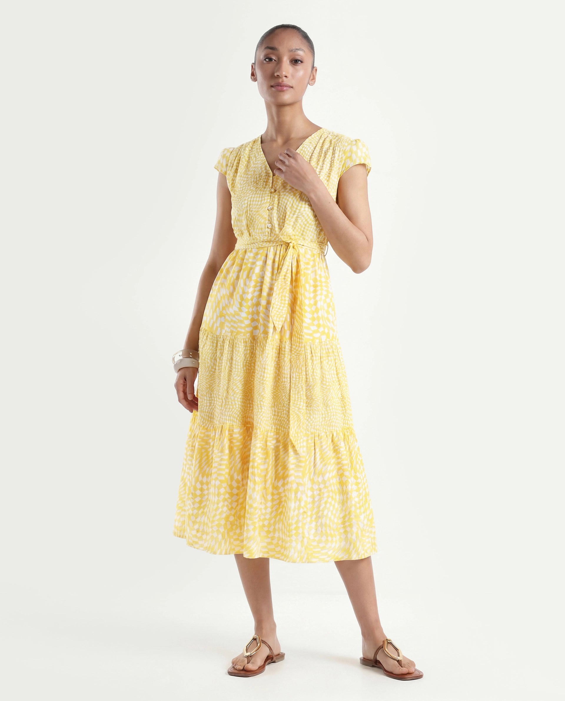 Rareism Women's Whitney Yellow Cotton V-Neck Geometric Print Cape Sleeve Knee Length Regular Fit Dress
