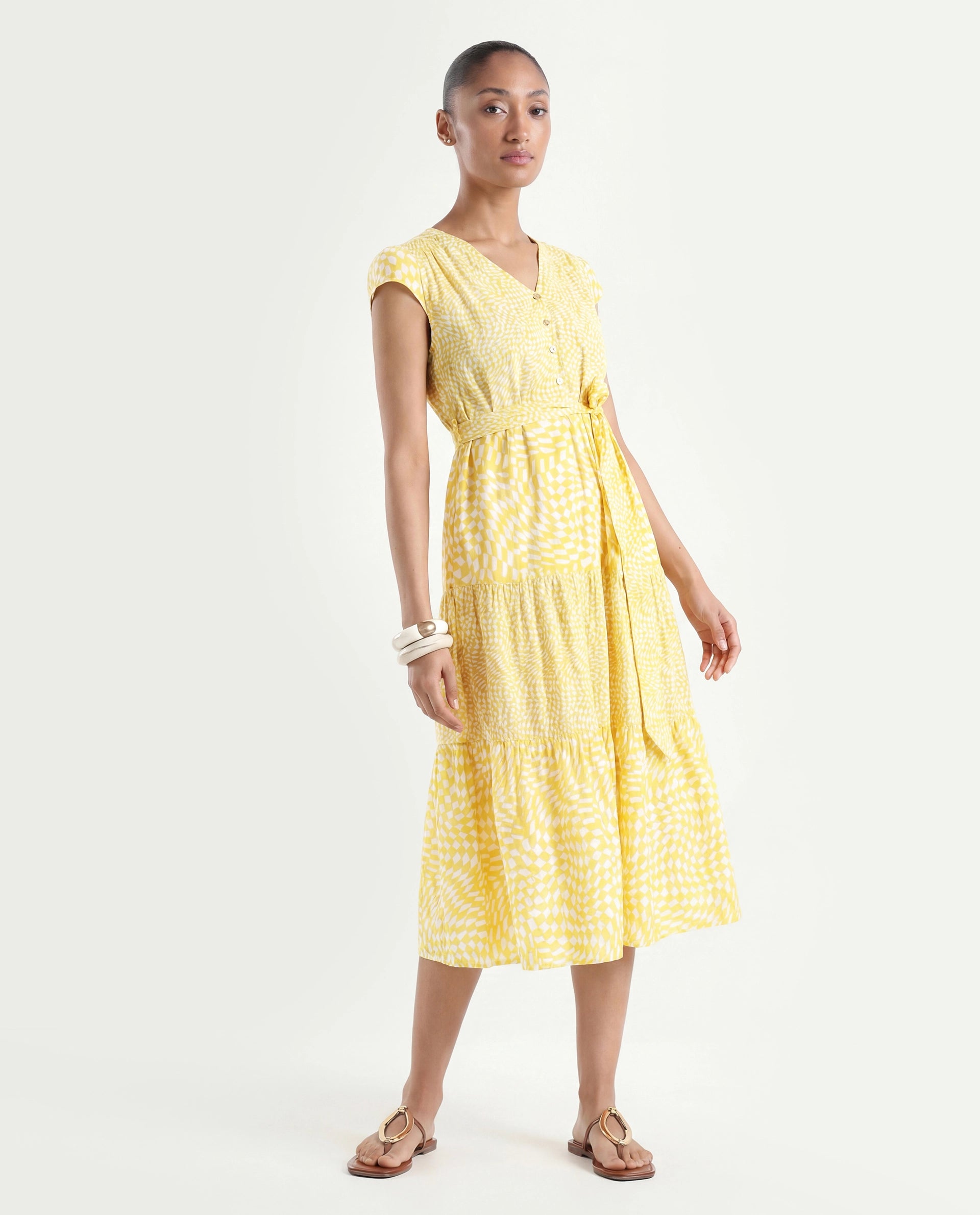 Rareism Women's Whitney Yellow Cotton V-Neck Geometric Print Cape Sleeve Knee Length Regular Fit Dress